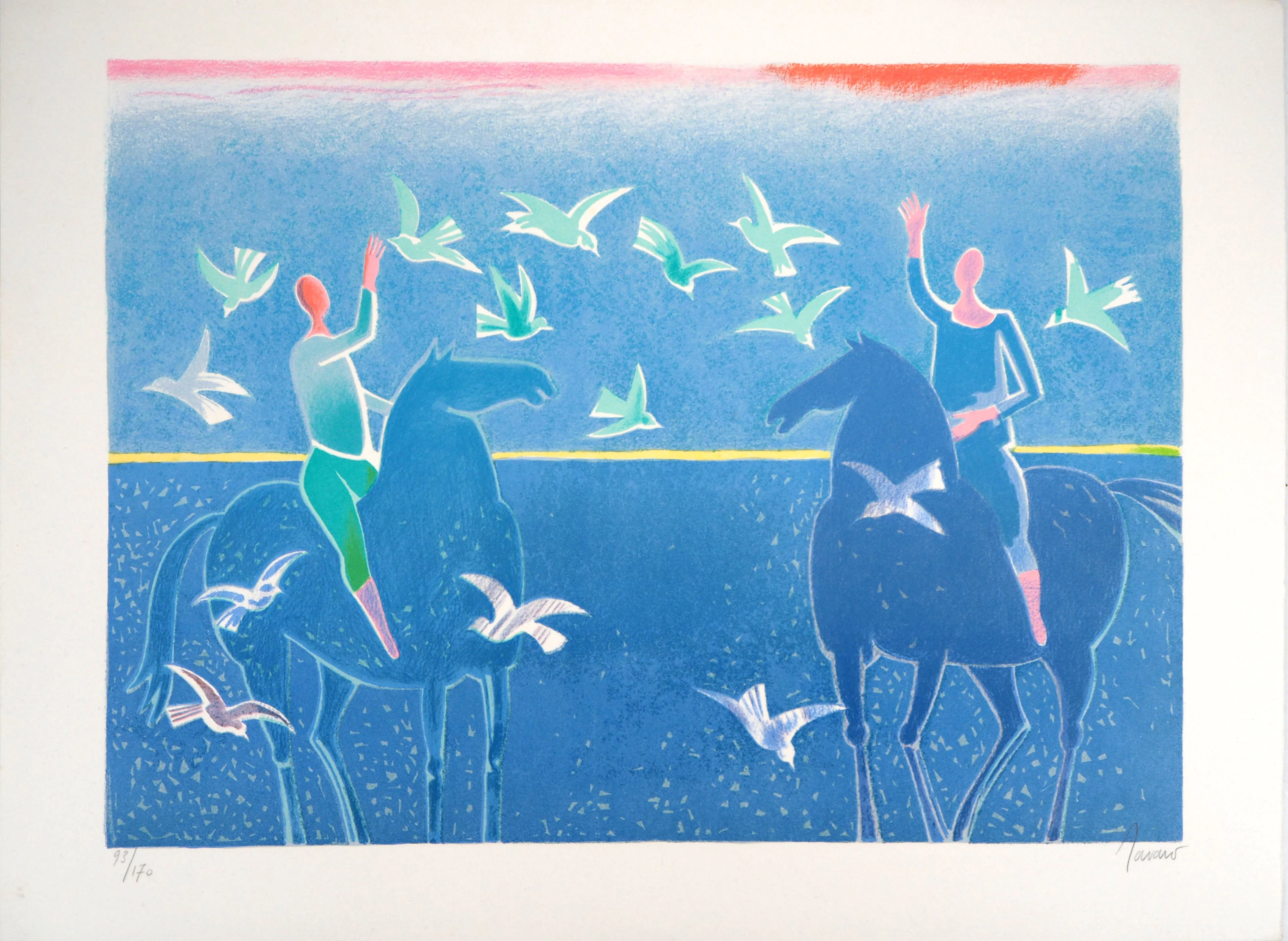 Albert ZAVARO : Les cavaliers à la plage - Lithographie originale signée