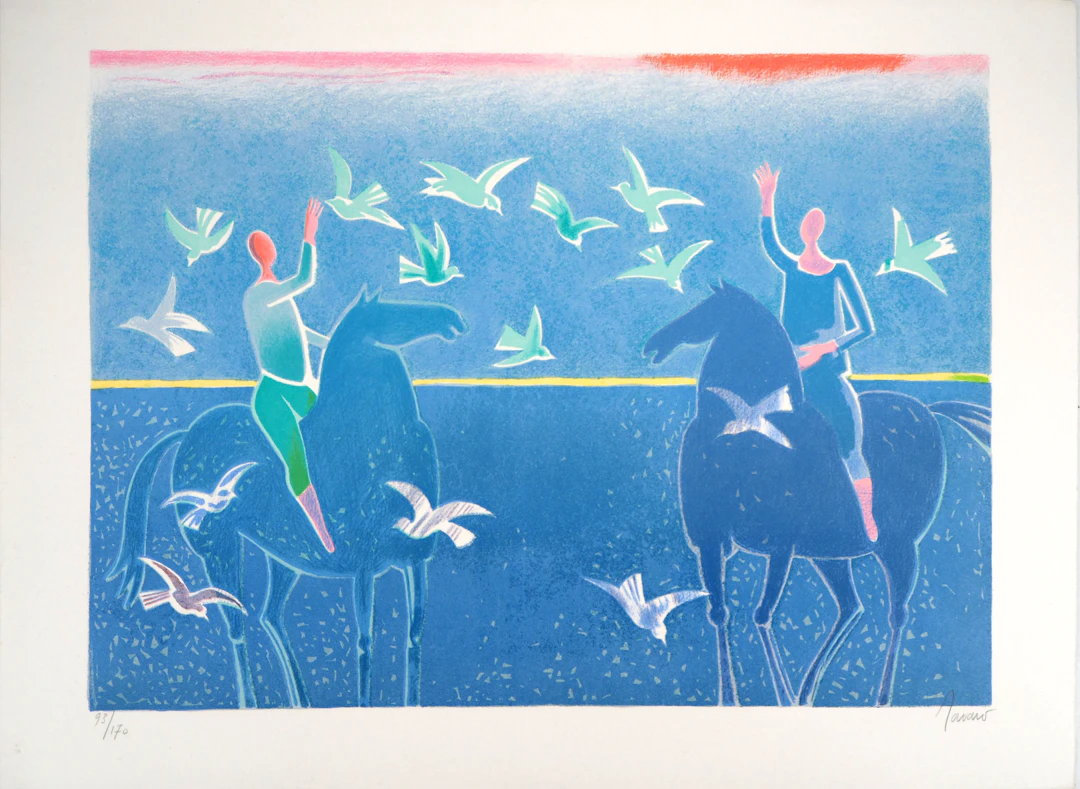 Albert ZAVARO : Les cavaliers à la plage - Lithographie originale signée