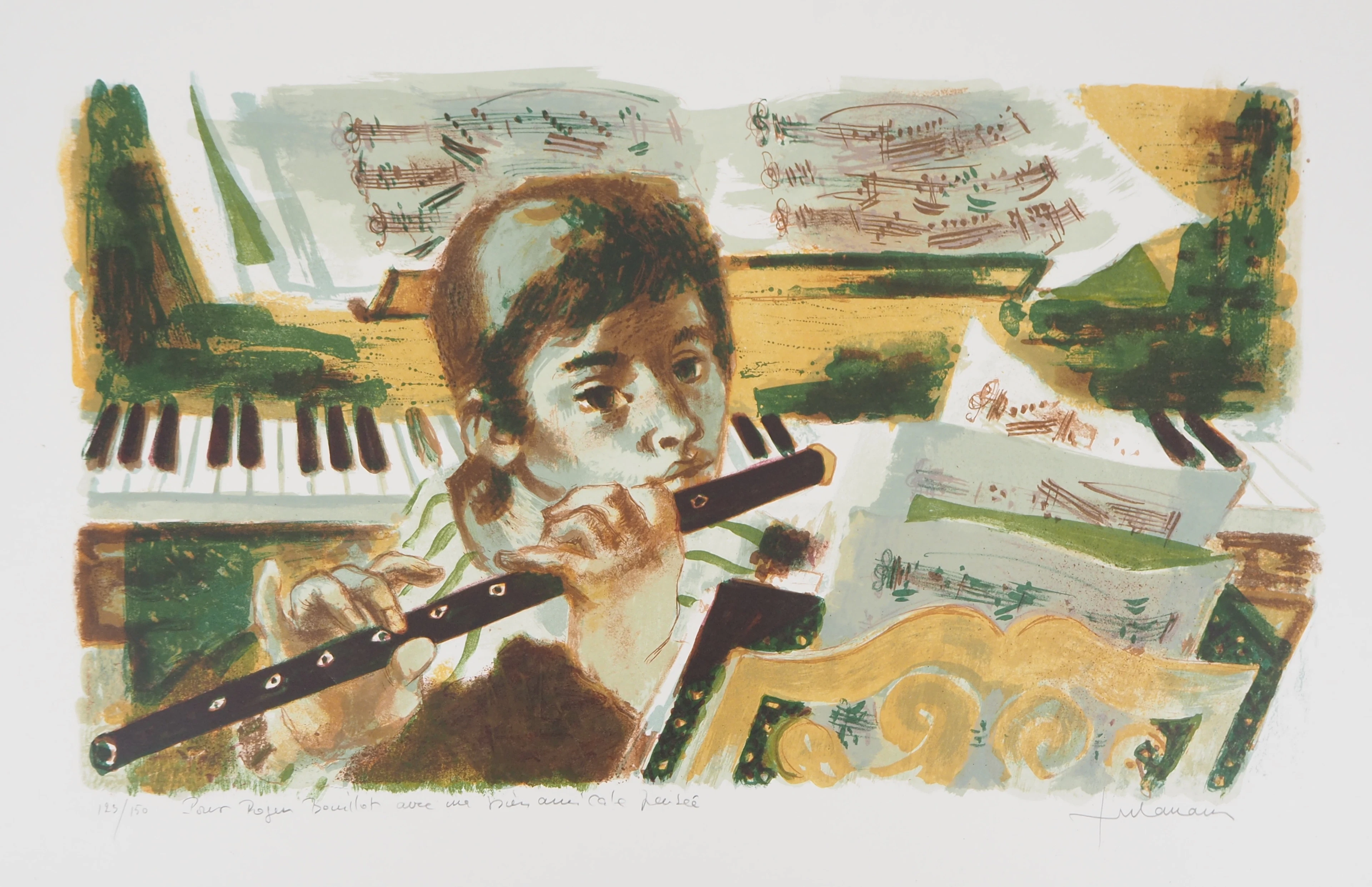 Lucien FONTANAROSA : Petit garçon flûtiste - Lithographie originale