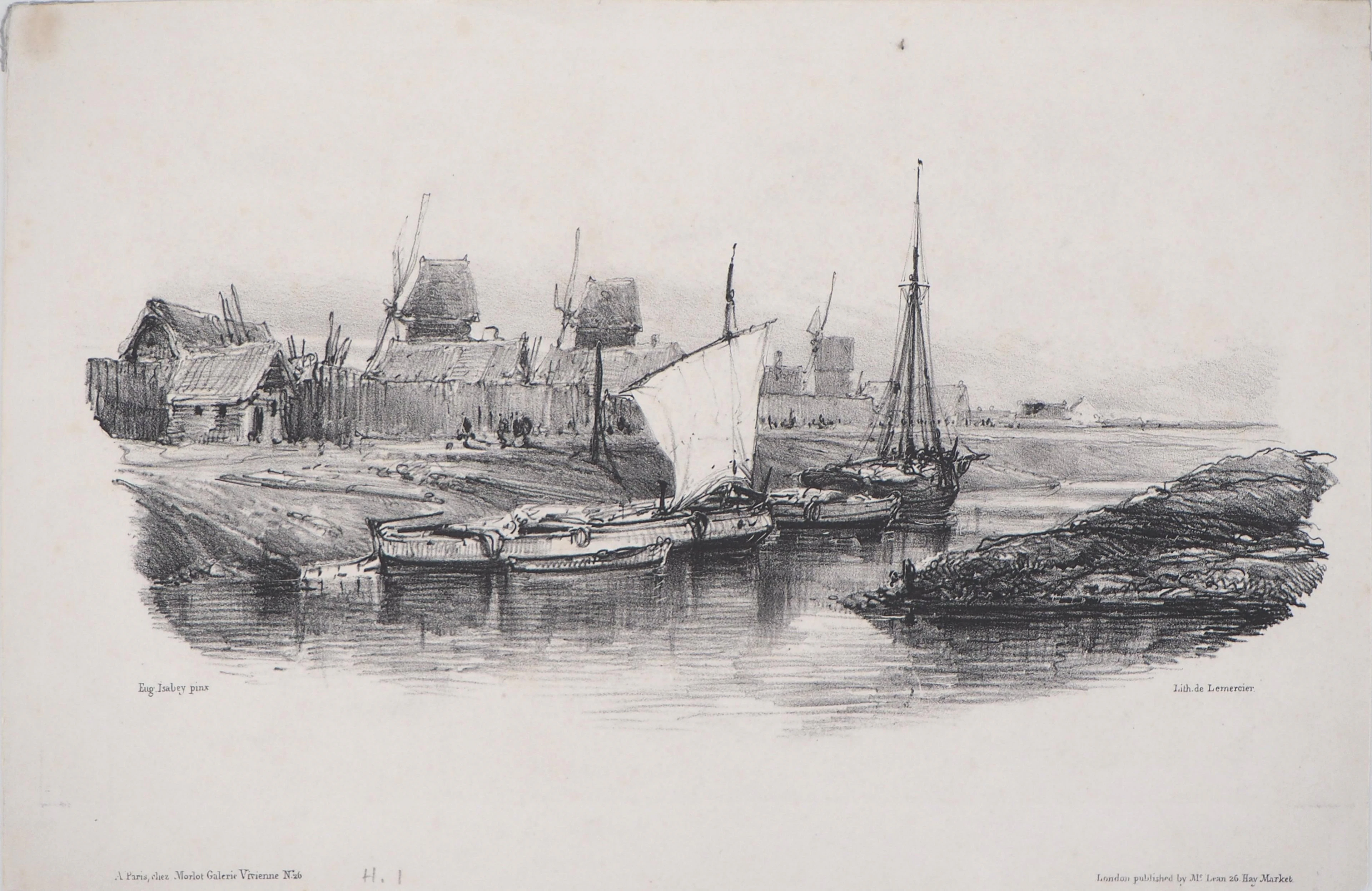 Eugène ISABEY : Souvenirs, bord de canal - Lithographie
