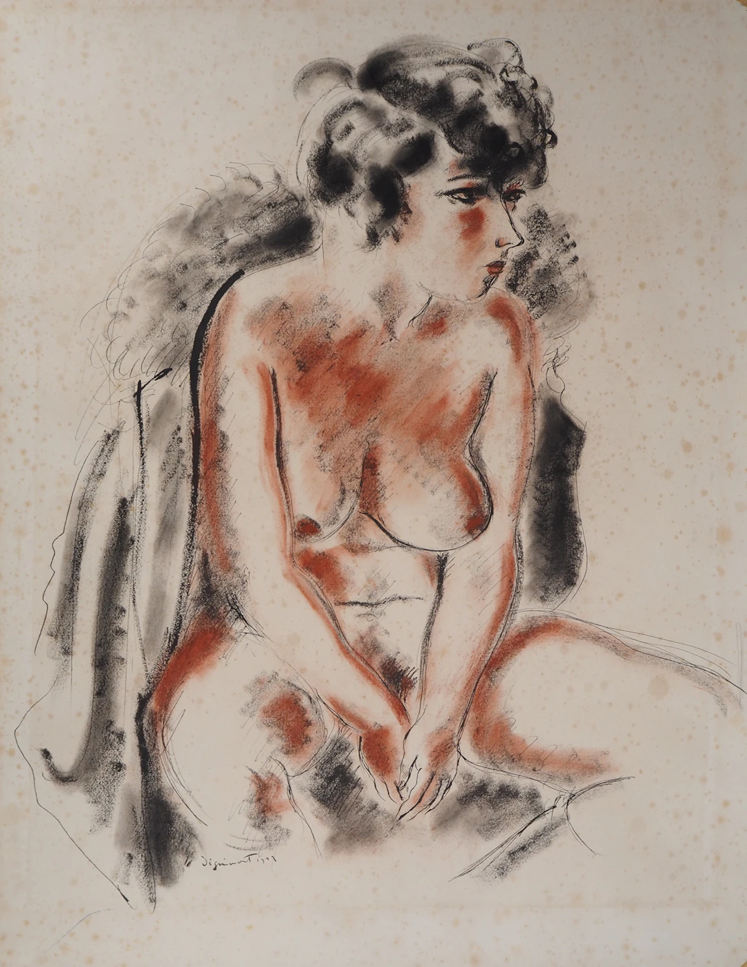 André Dignimont : Nu au manteau de laine - Aquarelle originale signée