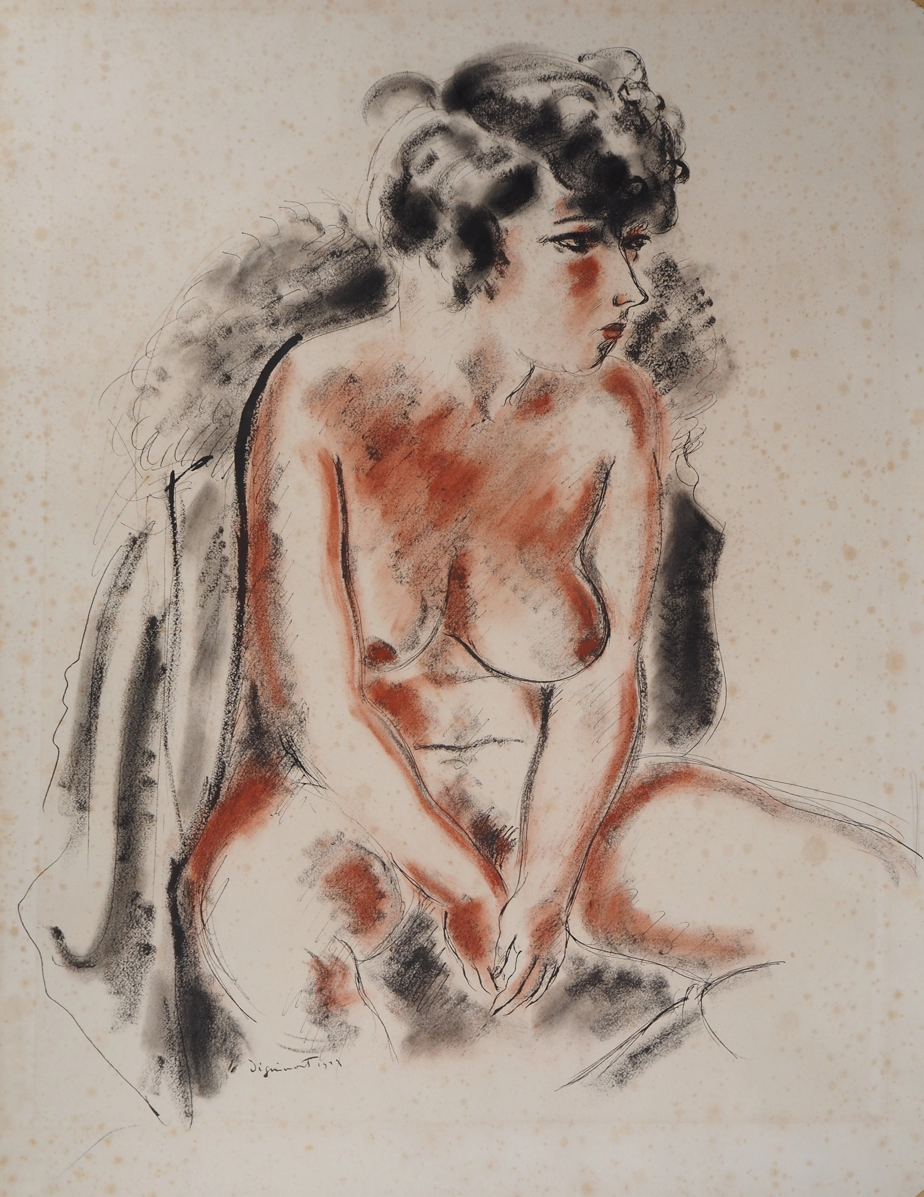 André Dignimont : Nu au manteau de laine - Aquarelle originale signée
