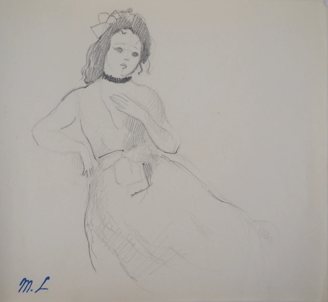Marie LAURENCIN : Fille en robe, Dessin original signé