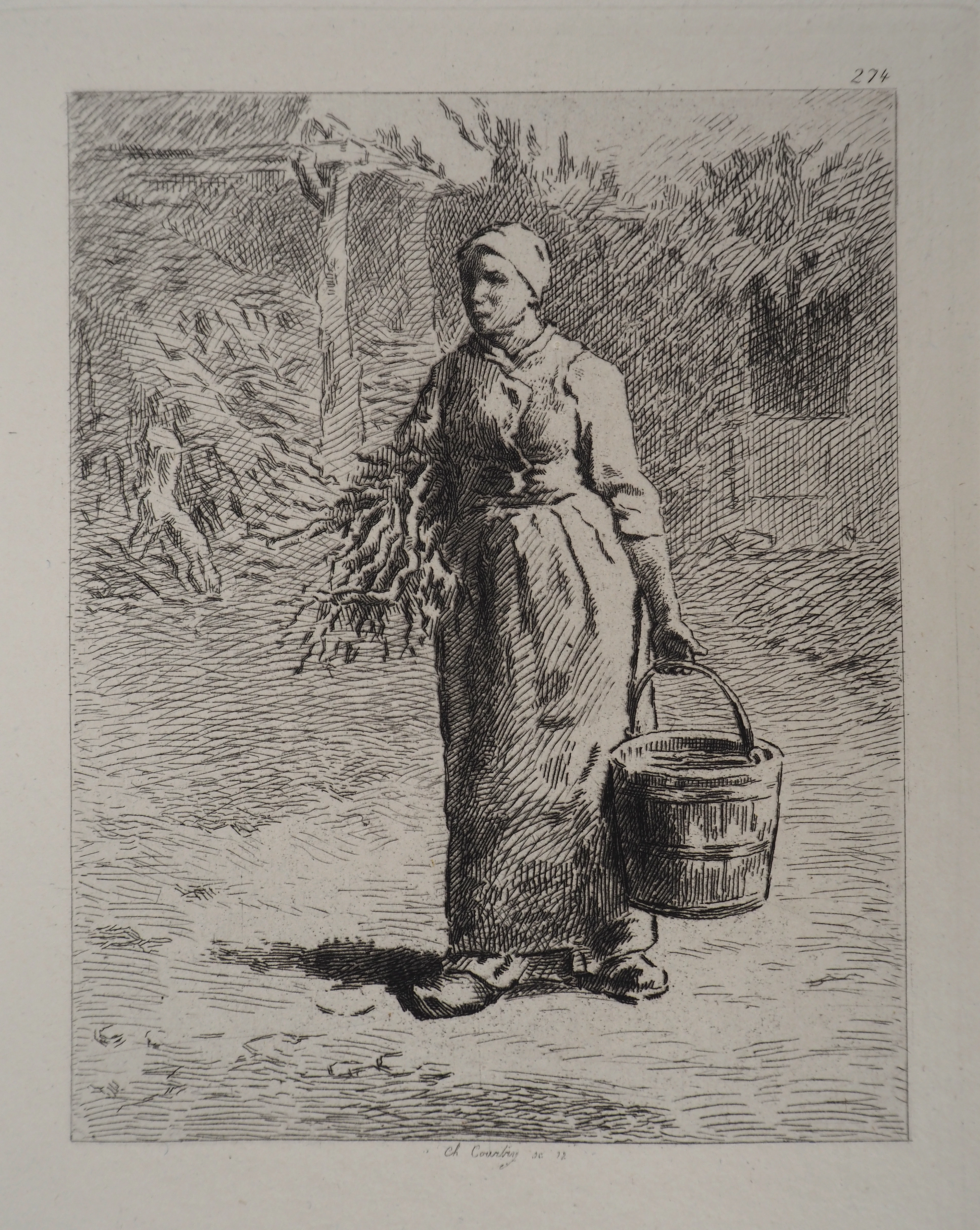Jean François MILLET (d’après) - Femme portant un seau,1873 - Gravure, signée
