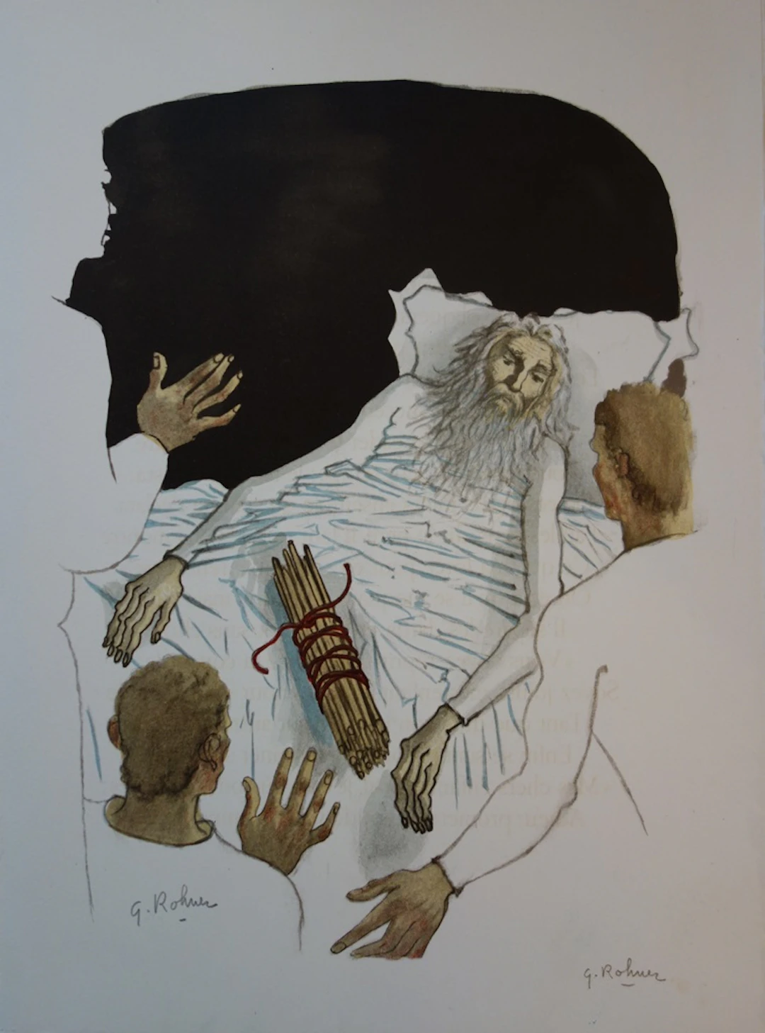 Georges ROHNER - Le vieillard et ses enfants, Lithographie originale