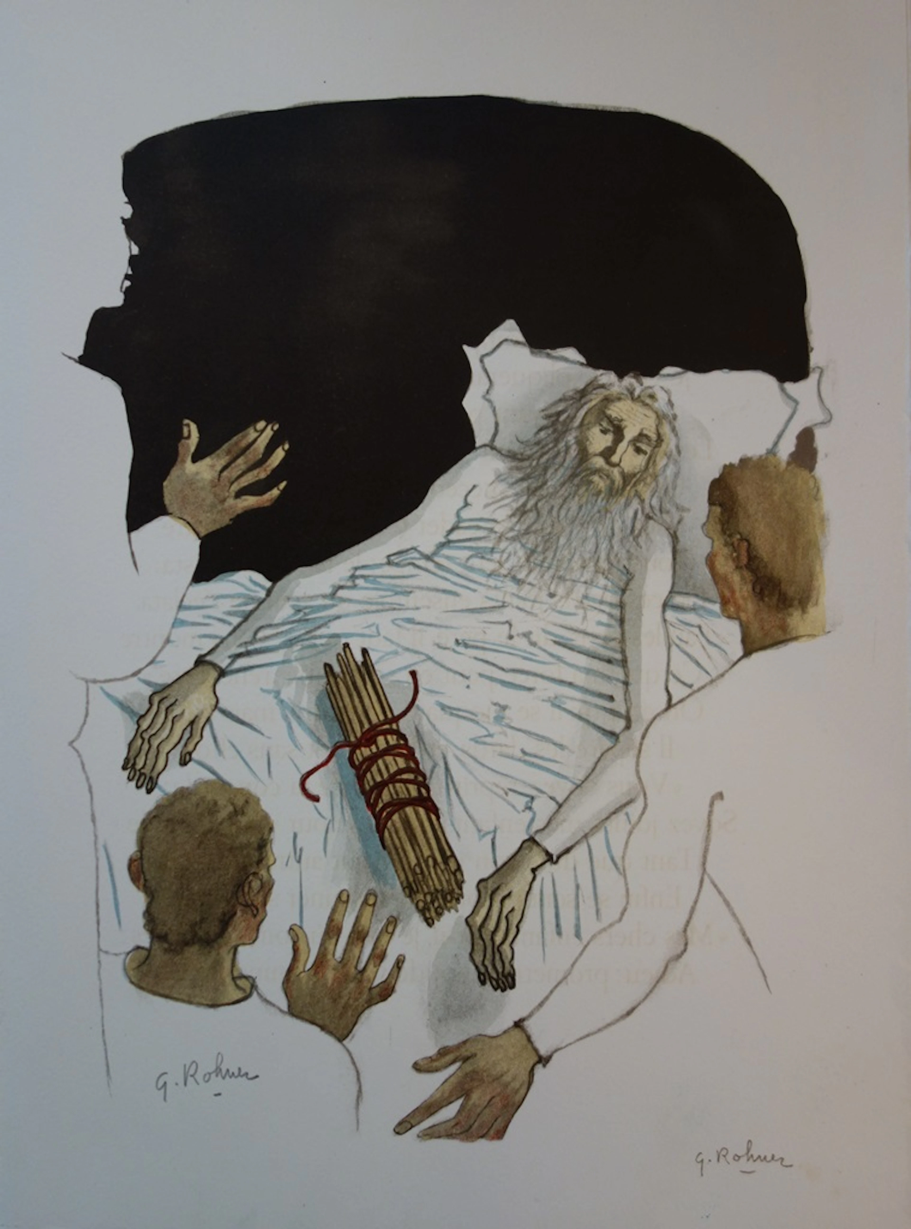 Georges ROHNER - Le vieillard et ses enfants, Lithographie originale