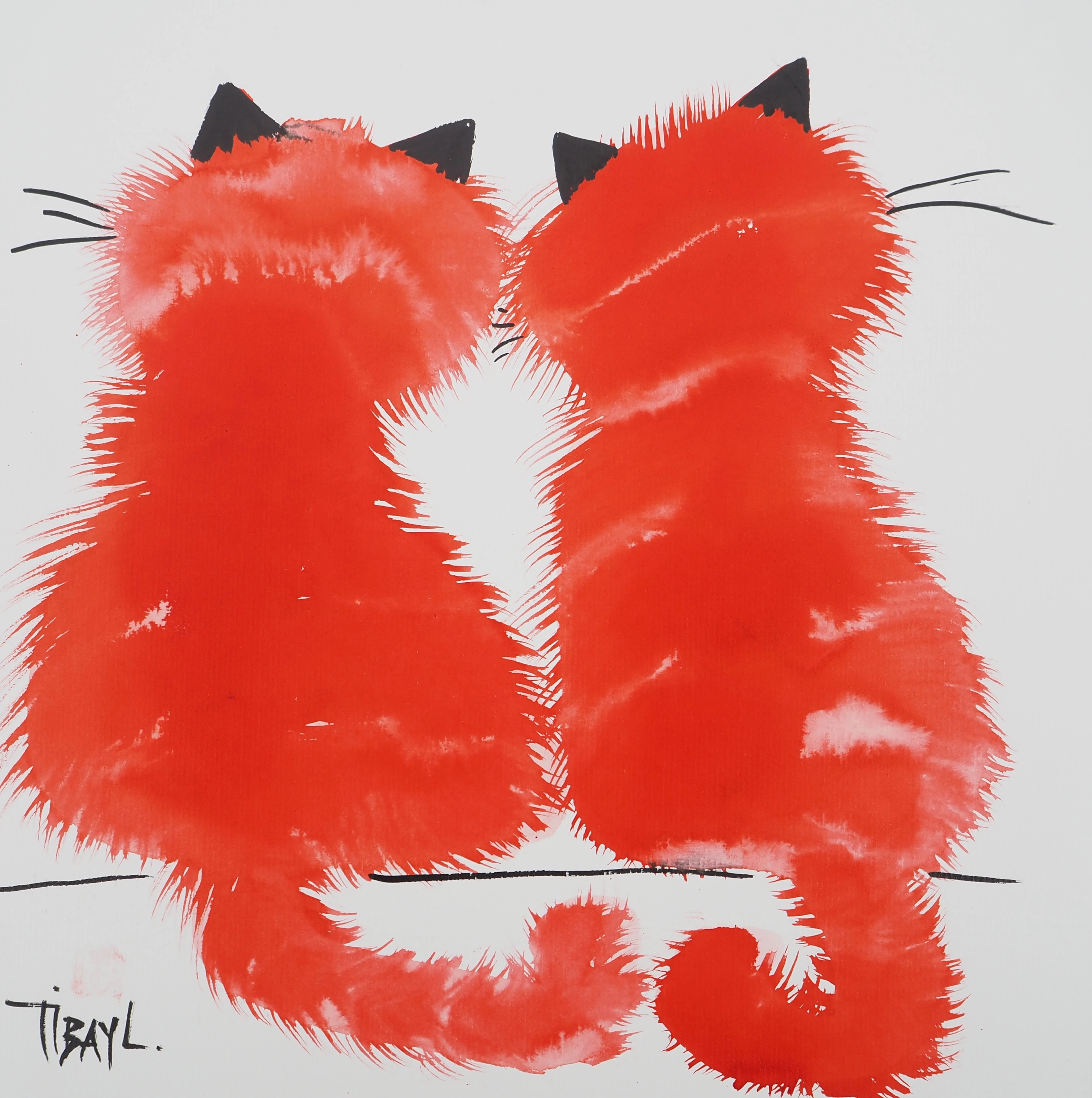 Laszlo TIBAY : Couple de chats amoureux - Dessin original signé