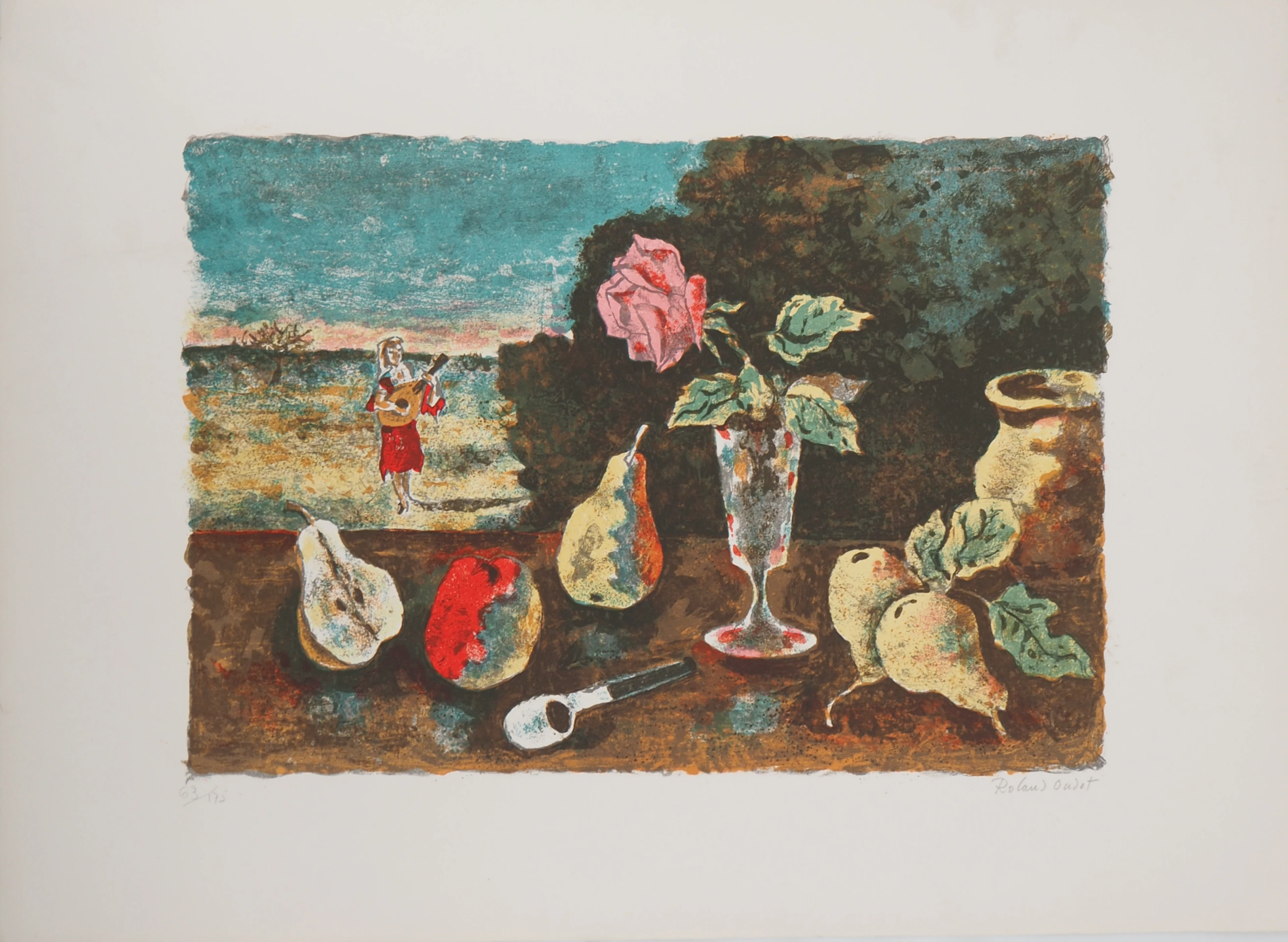 Roland Oudot - Femme à la rose - Lithographie originale signée