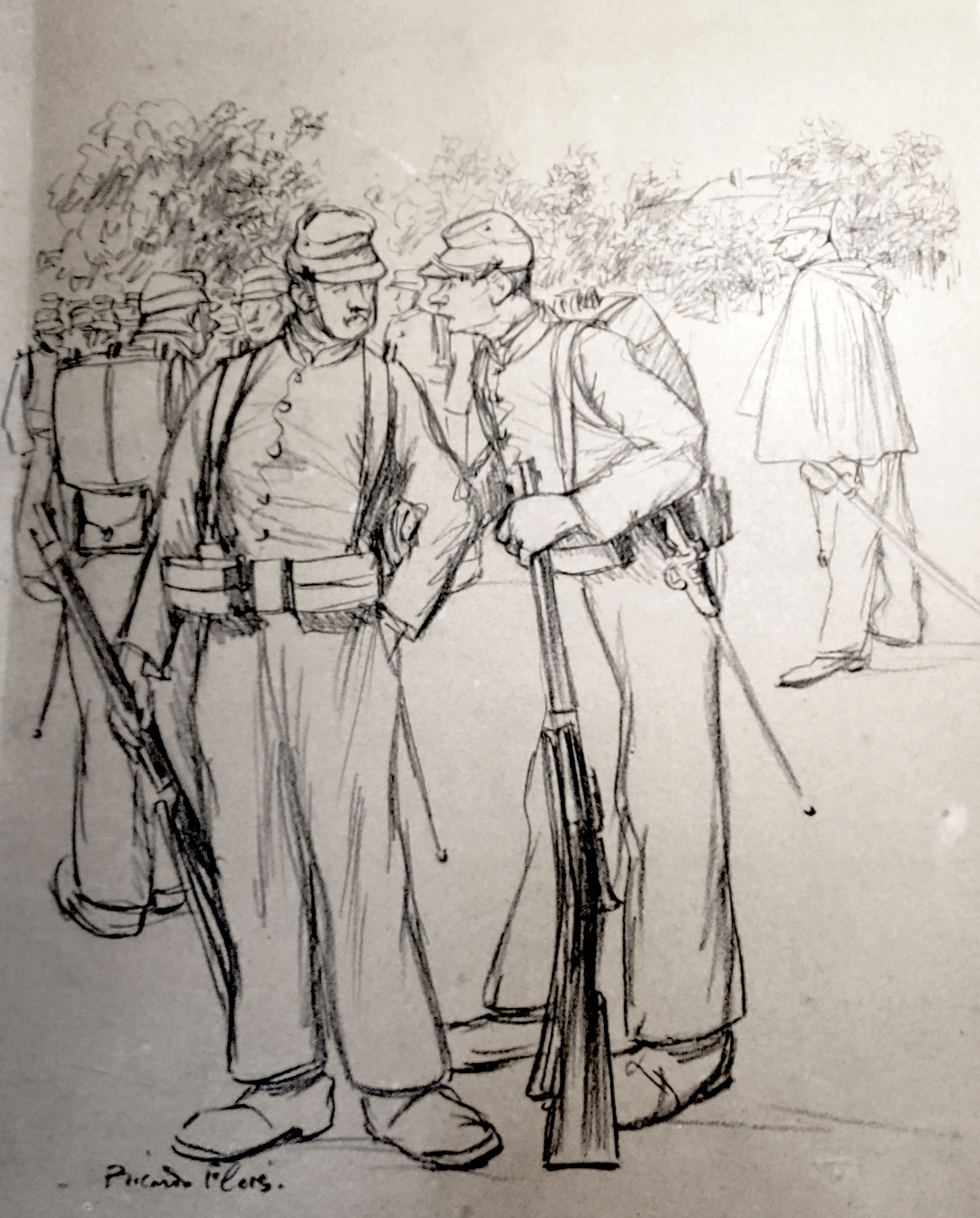 Ricardo Flores, Soldats, dessin signé, 1911