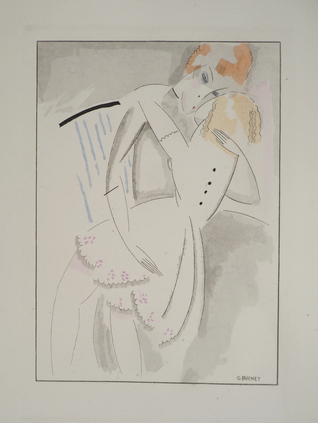Gustave BUCHET : Moment de tendresse, Gravure originale et pochoir signée