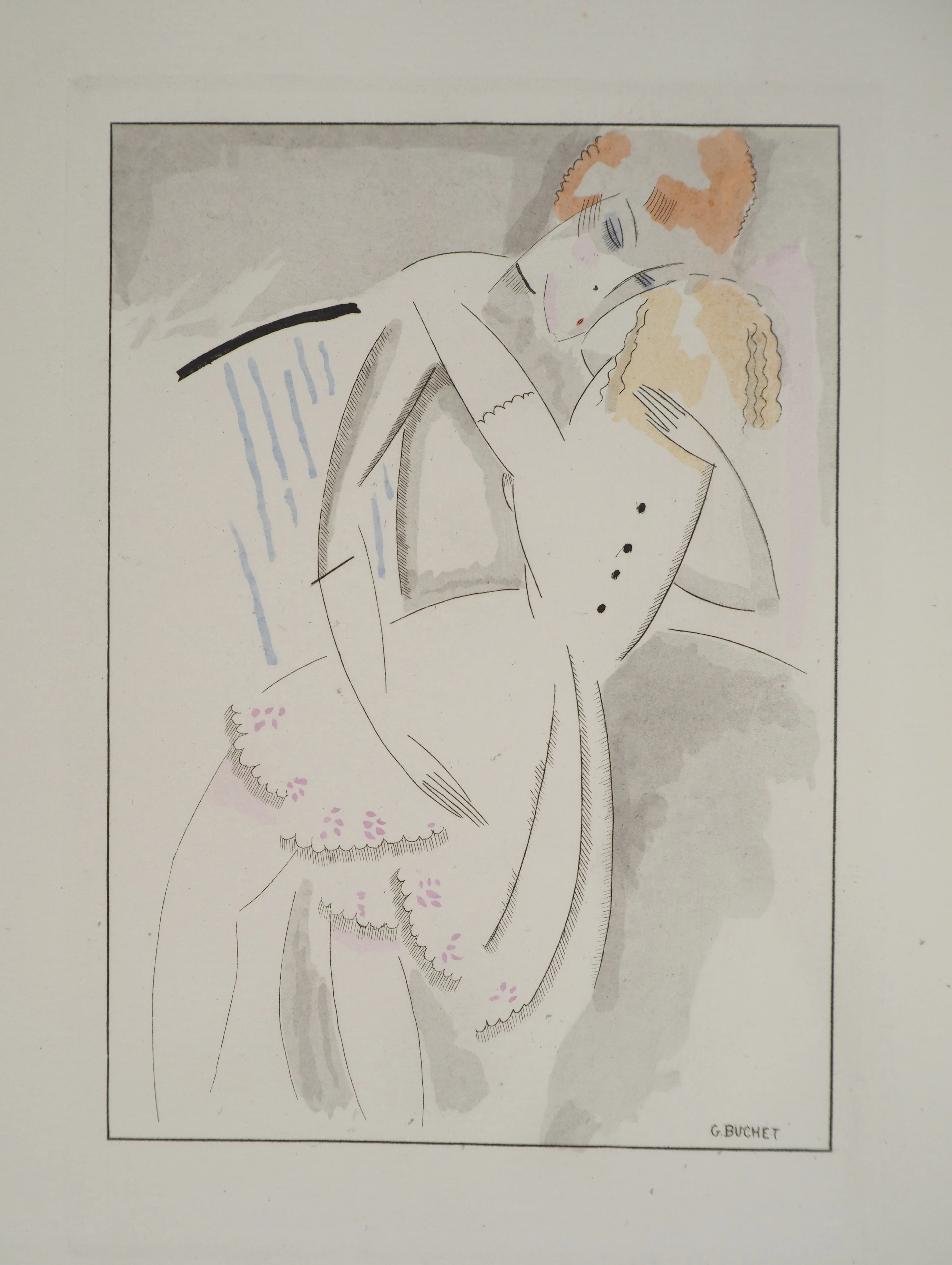 Gustave BUCHET : Moment de tendresse, Gravure originale et pochoir signée