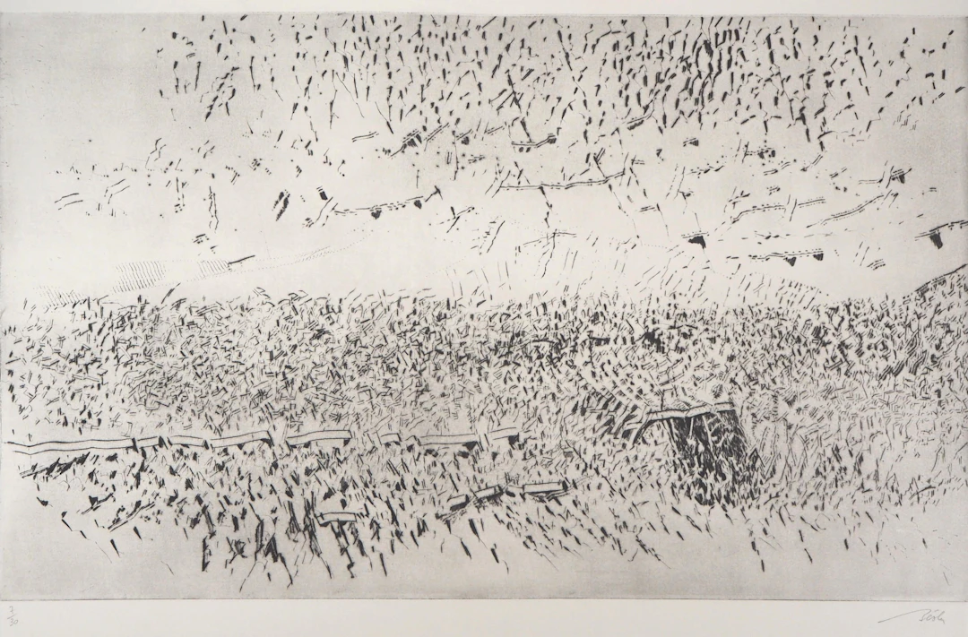 François BEALU : Paysage surréaliste - Gravure originale signée