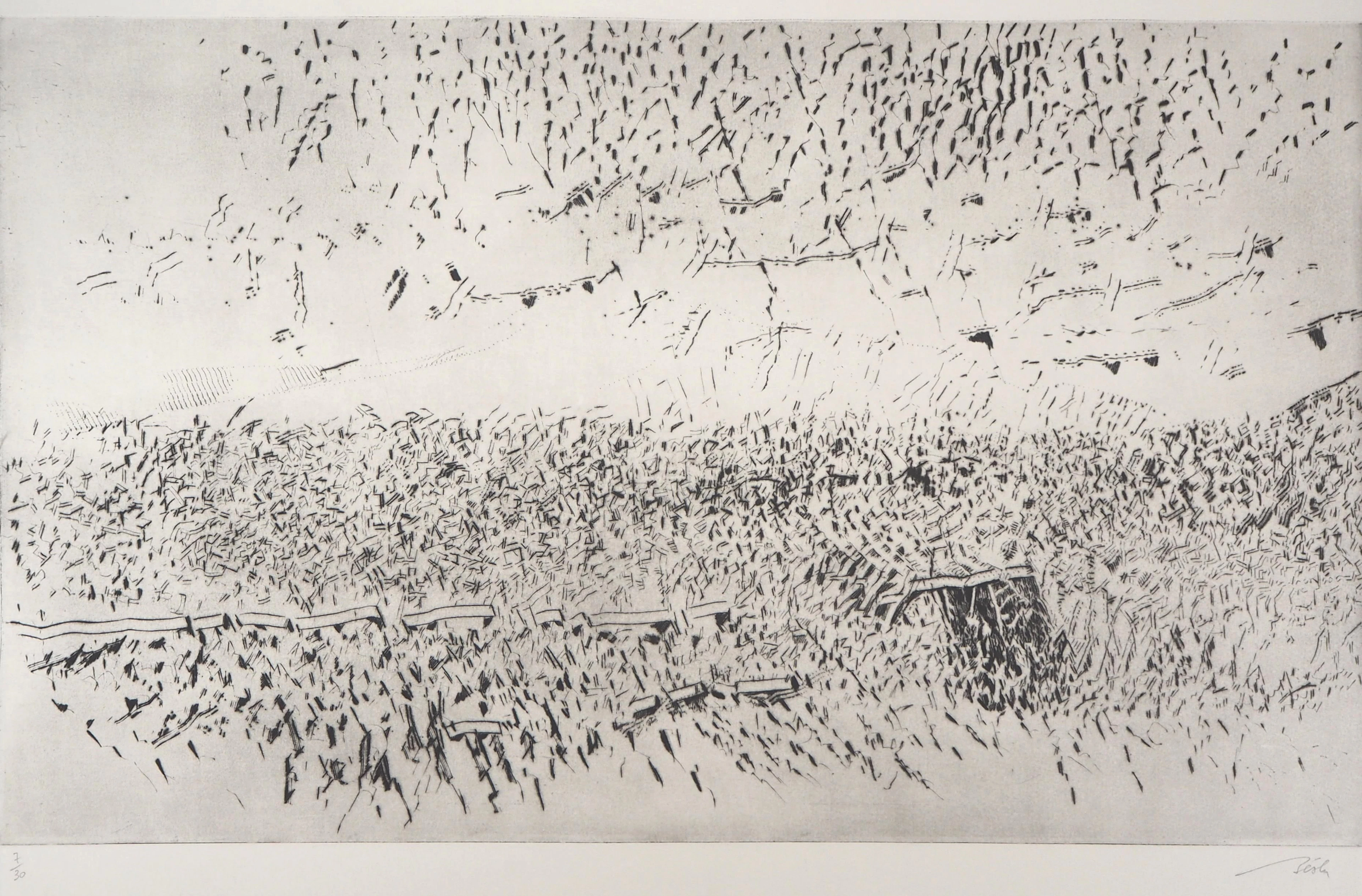 François BEALU : Paysage surréaliste - Gravure originale signée