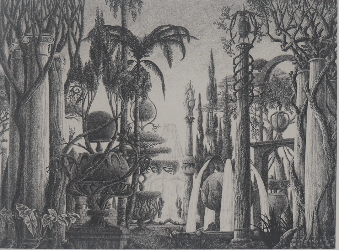 François HOUTIN : Les jardins de Babylone - Gravure originale