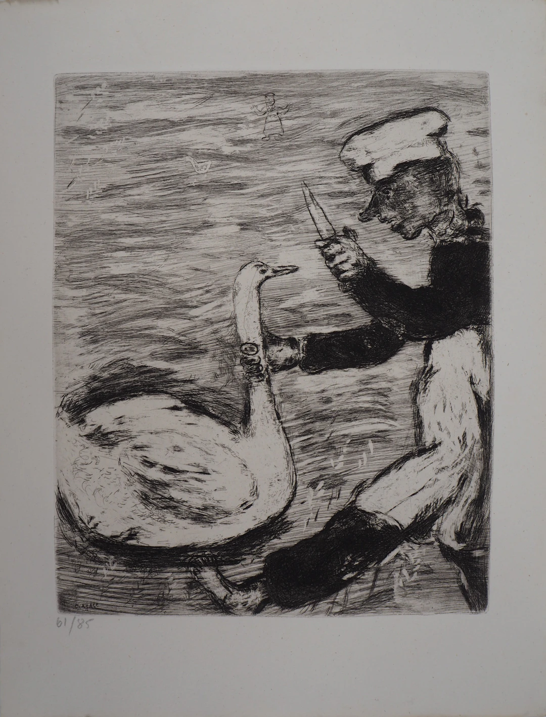 Marc CHAGALL : Le cygne et le cuisinier, Gravure originale signée