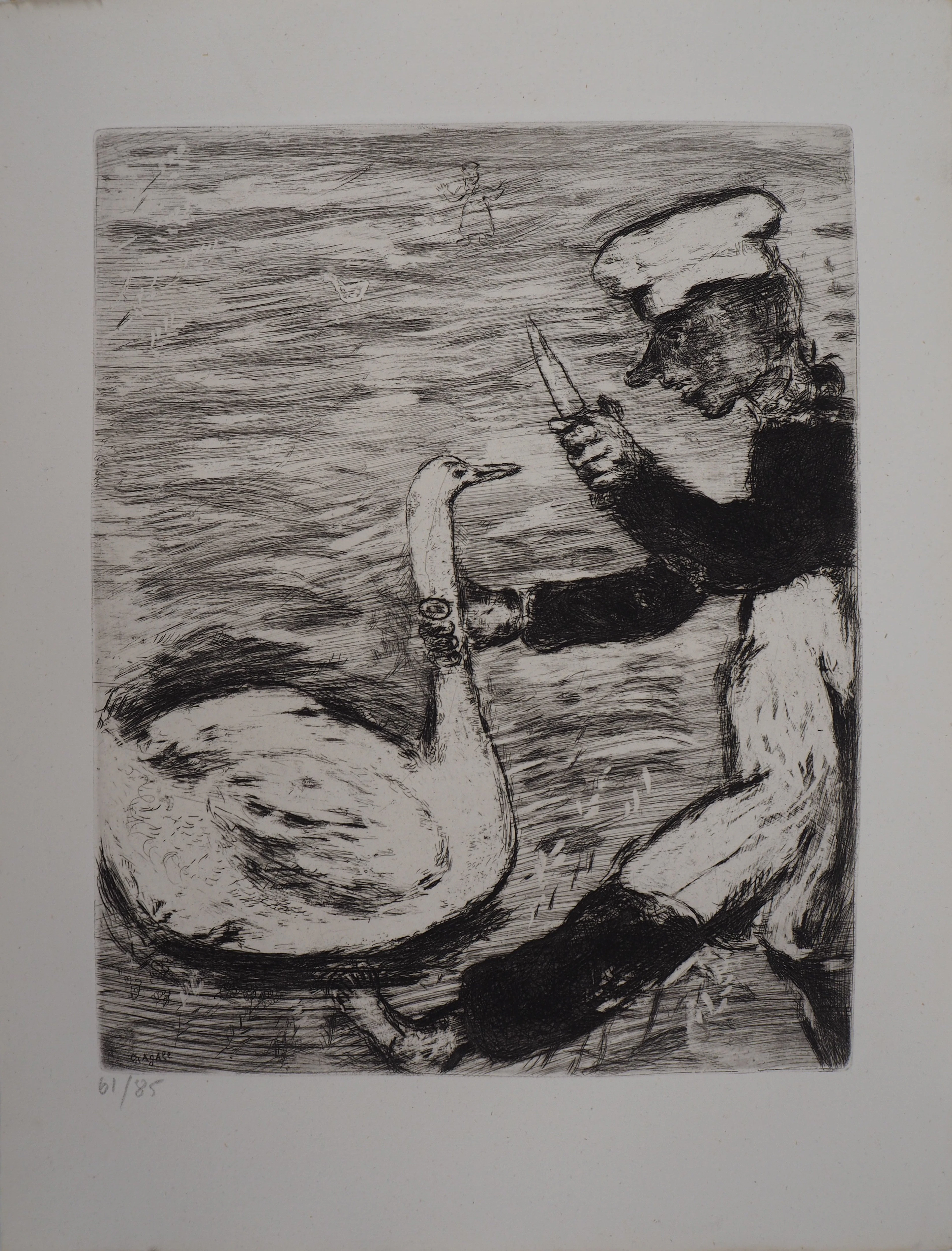 Marc CHAGALL : Le cygne et le cuisinier, Gravure originale signée