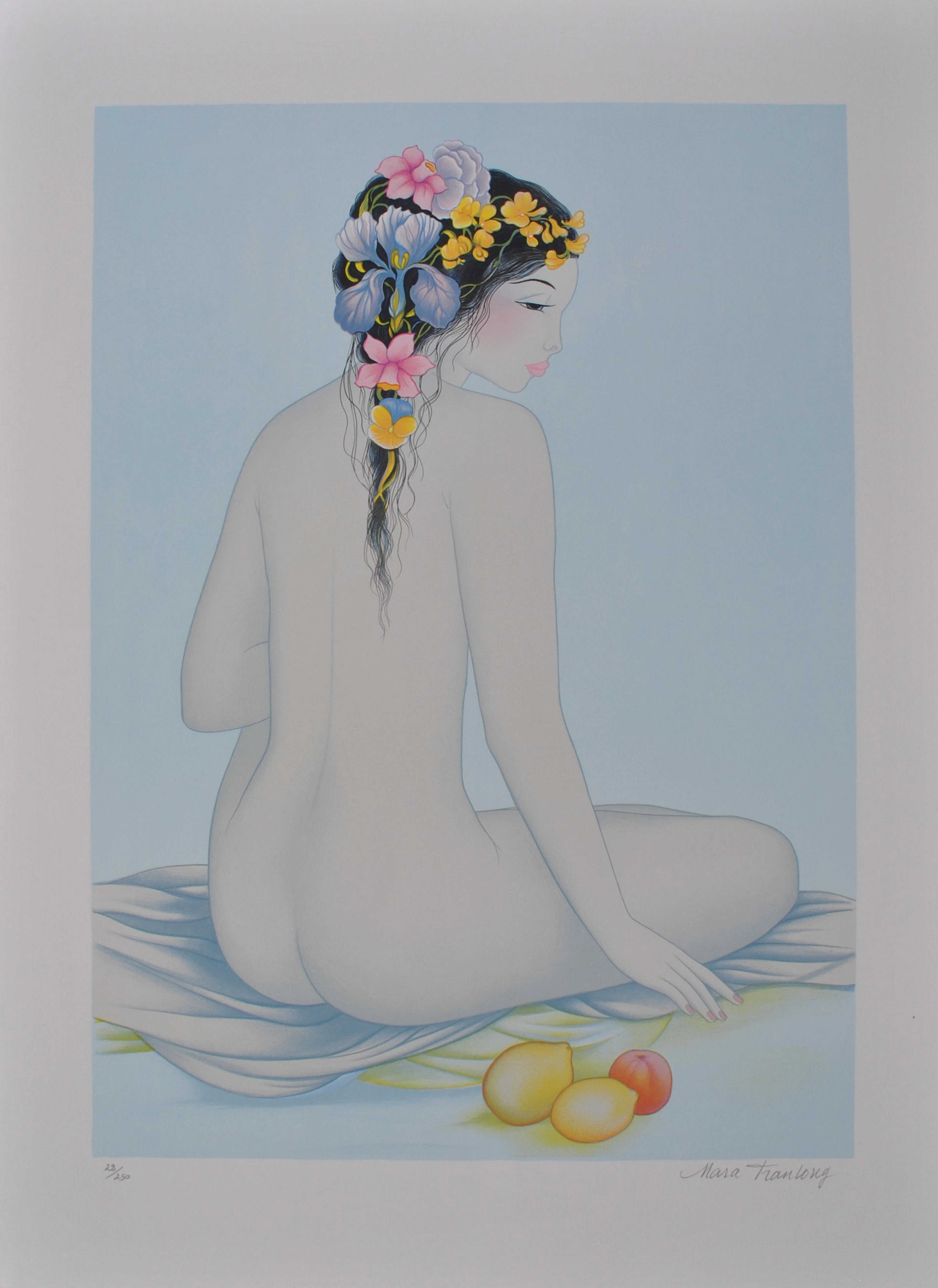 Mara TRAN LONG : Geisha nue de dos, Lithographie originale signée au crayon