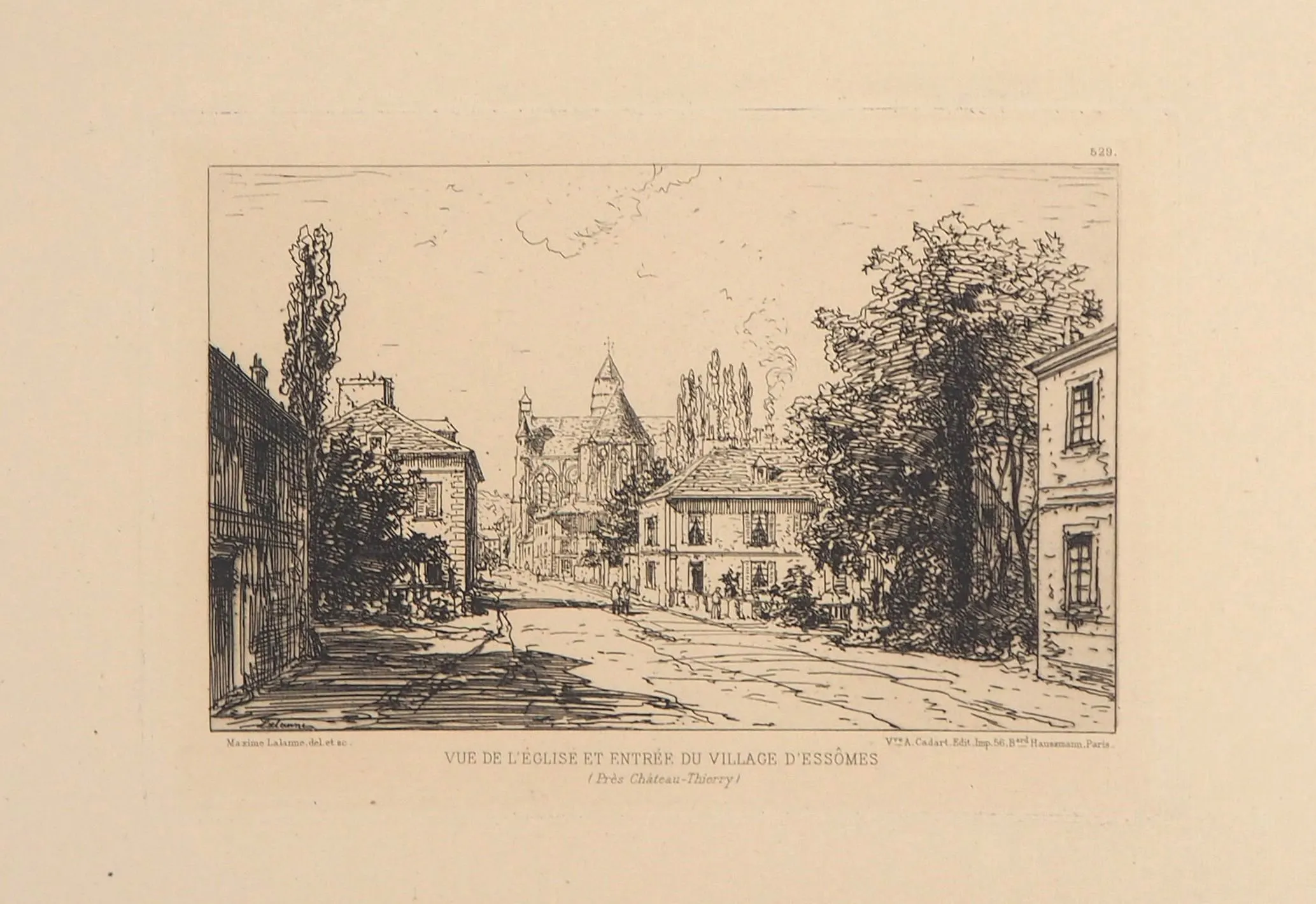 Maxime LALANNE : Vue de l’église et entrée du village d’Essômes -