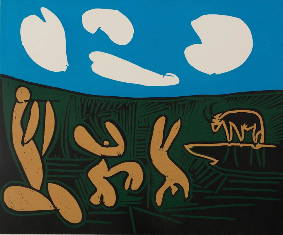 Pablo PICASSO : Bacchanale, danseurs et taureau - Linogravure (1962)