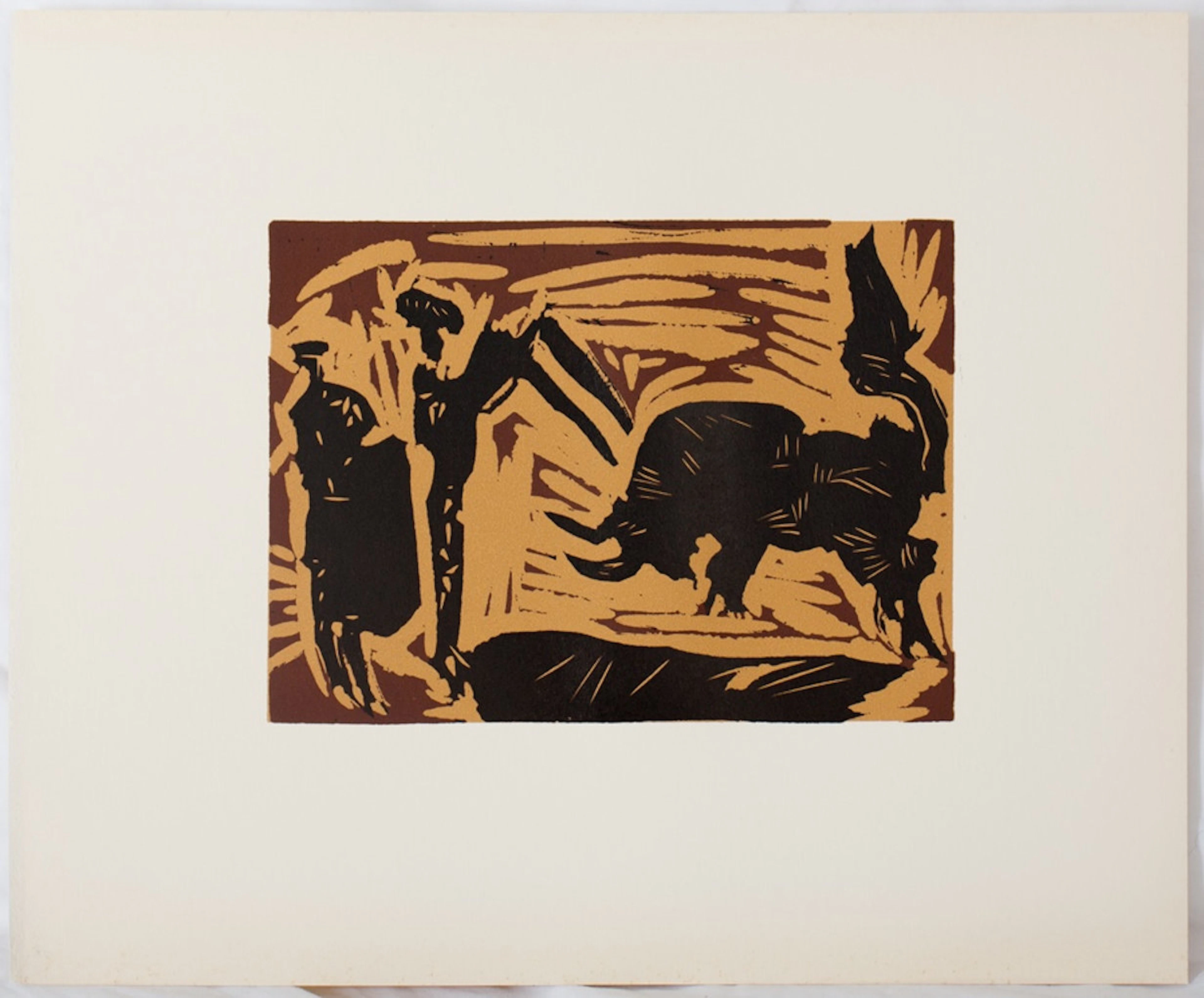 Pablo PICASSO : Taureau chargeant (les banderilles), Linogravure