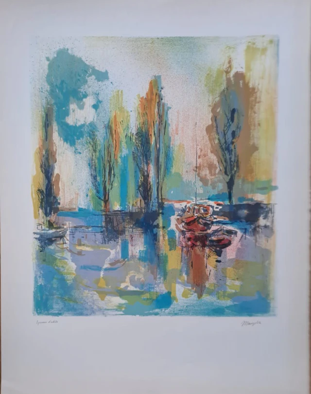 Jean Marzelle - Peupliers au bord du canal - Lithographie signée et