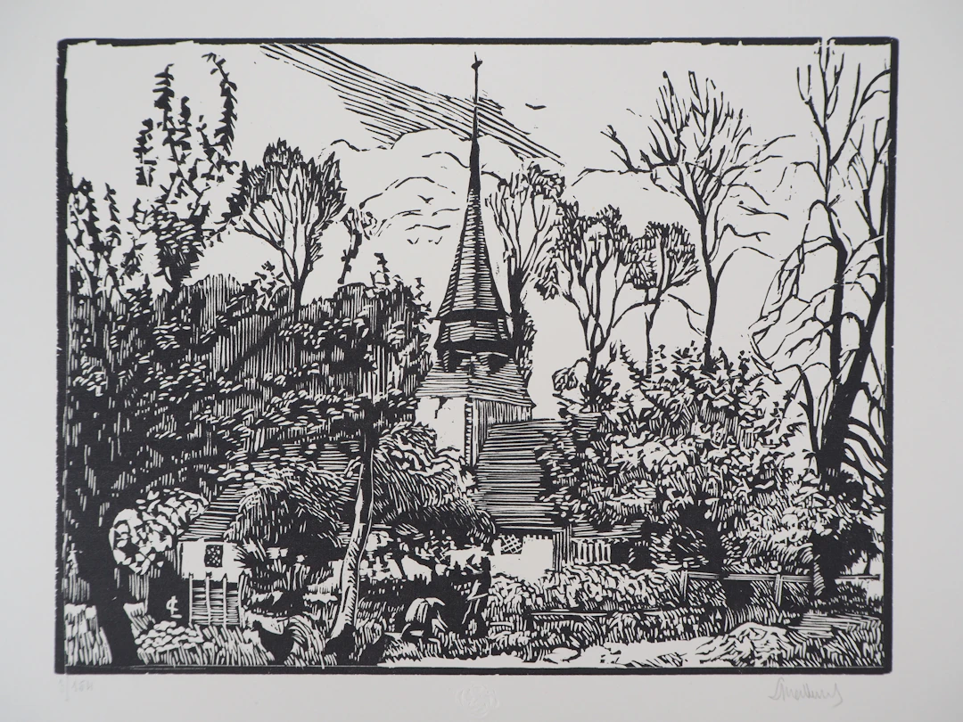 Georges LE MEILLEUR : Au moulin Dabin à la fonte-laye - Bois gravé