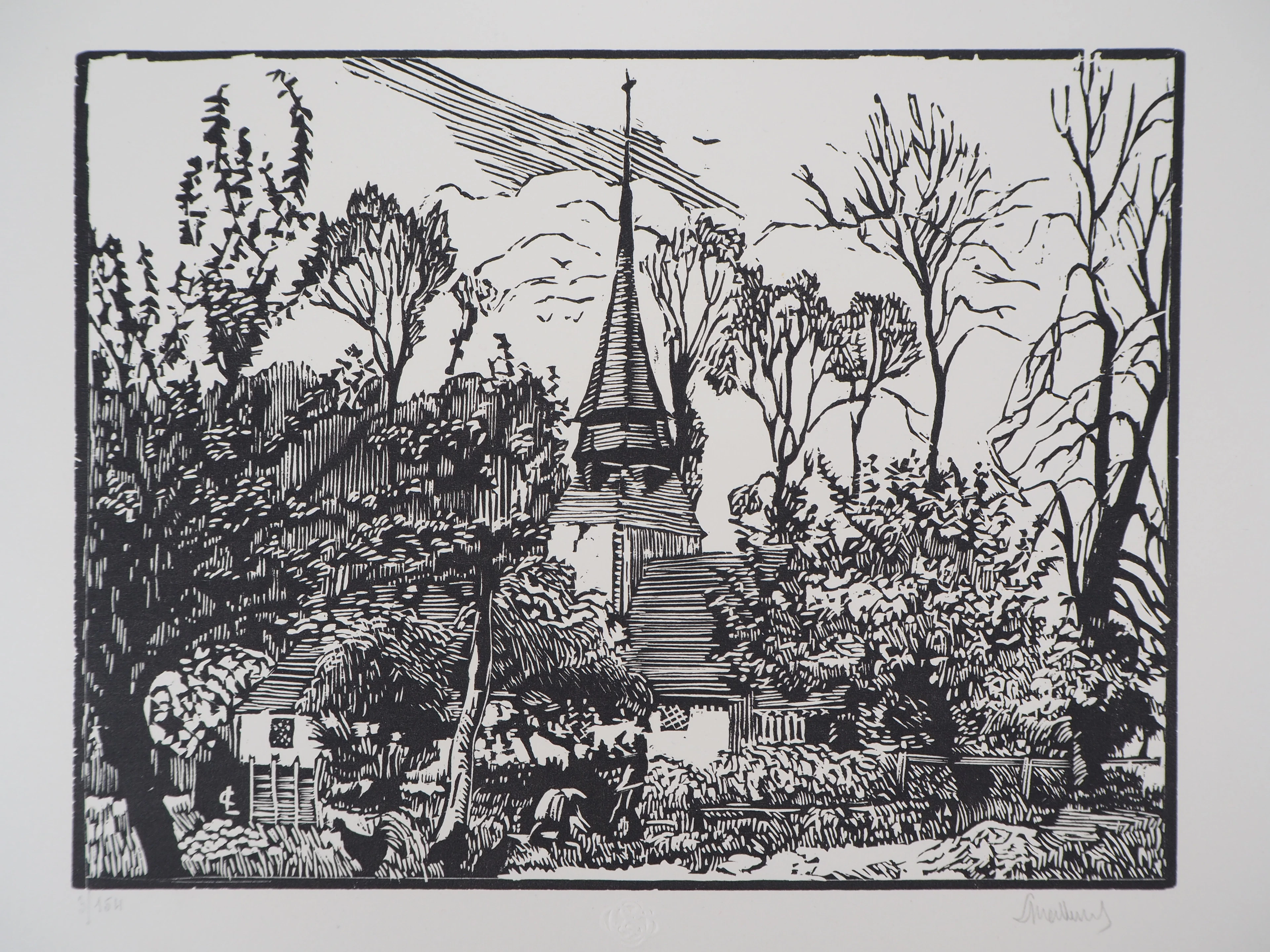 Georges LE MEILLEUR : Au moulin Dabin à la fonte-laye - Bois gravé