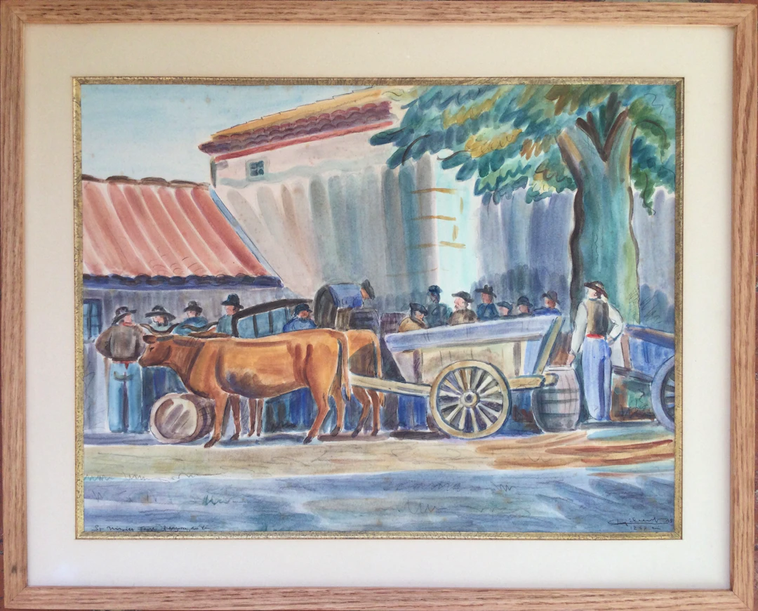 Lucien GIBERT - Saint-Nizier, foire, l’arrivée du vin, 1949 - Aquarelle signée