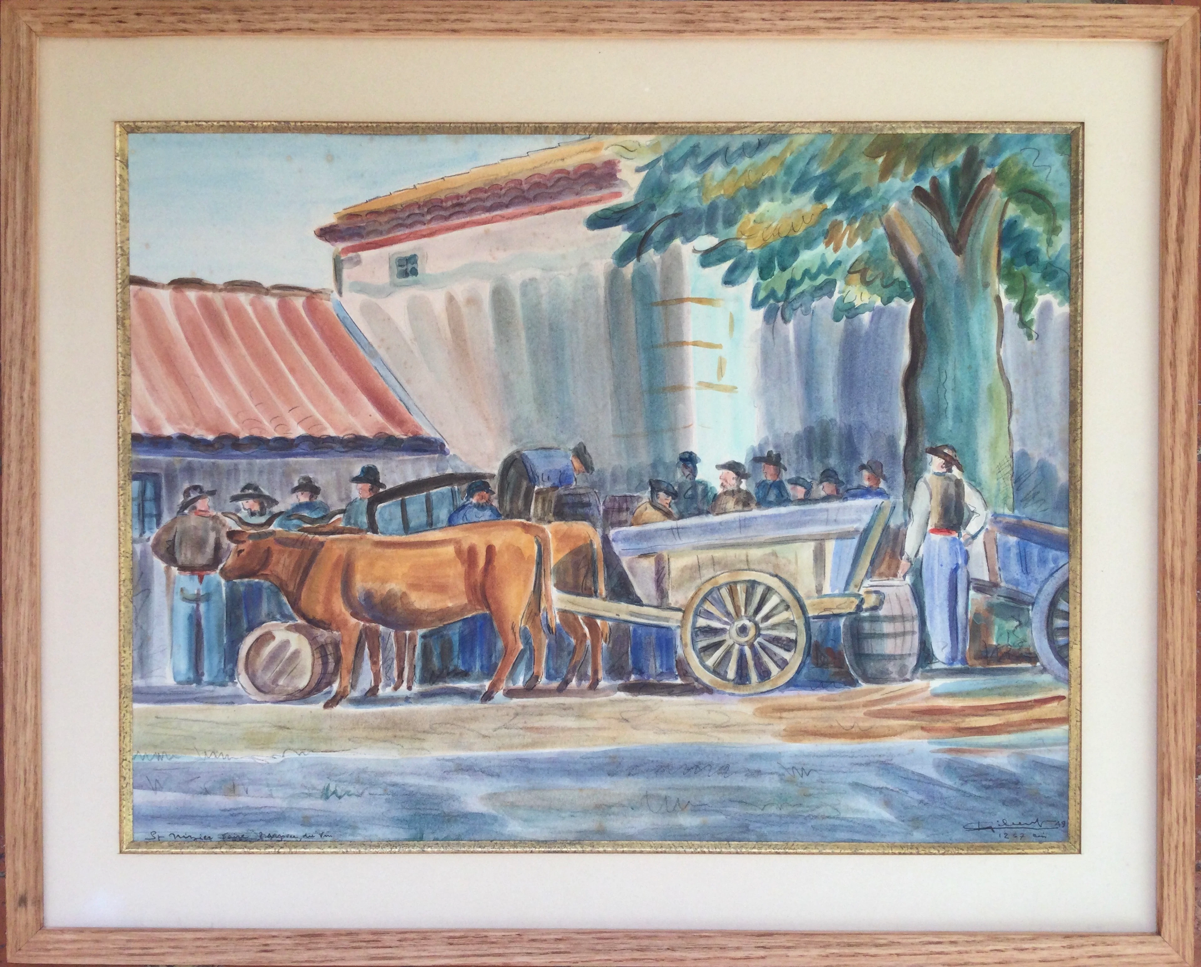 Lucien GIBERT - Saint-Nizier, foire, l’arrivée du vin, 1949 - Aquarelle signée