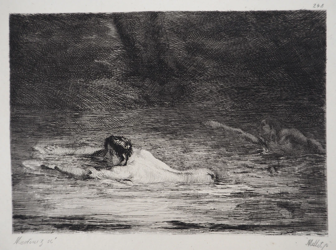 Jean François MILLET : Baigneurs - Gravure, Signée #Durand Ruel - 1873