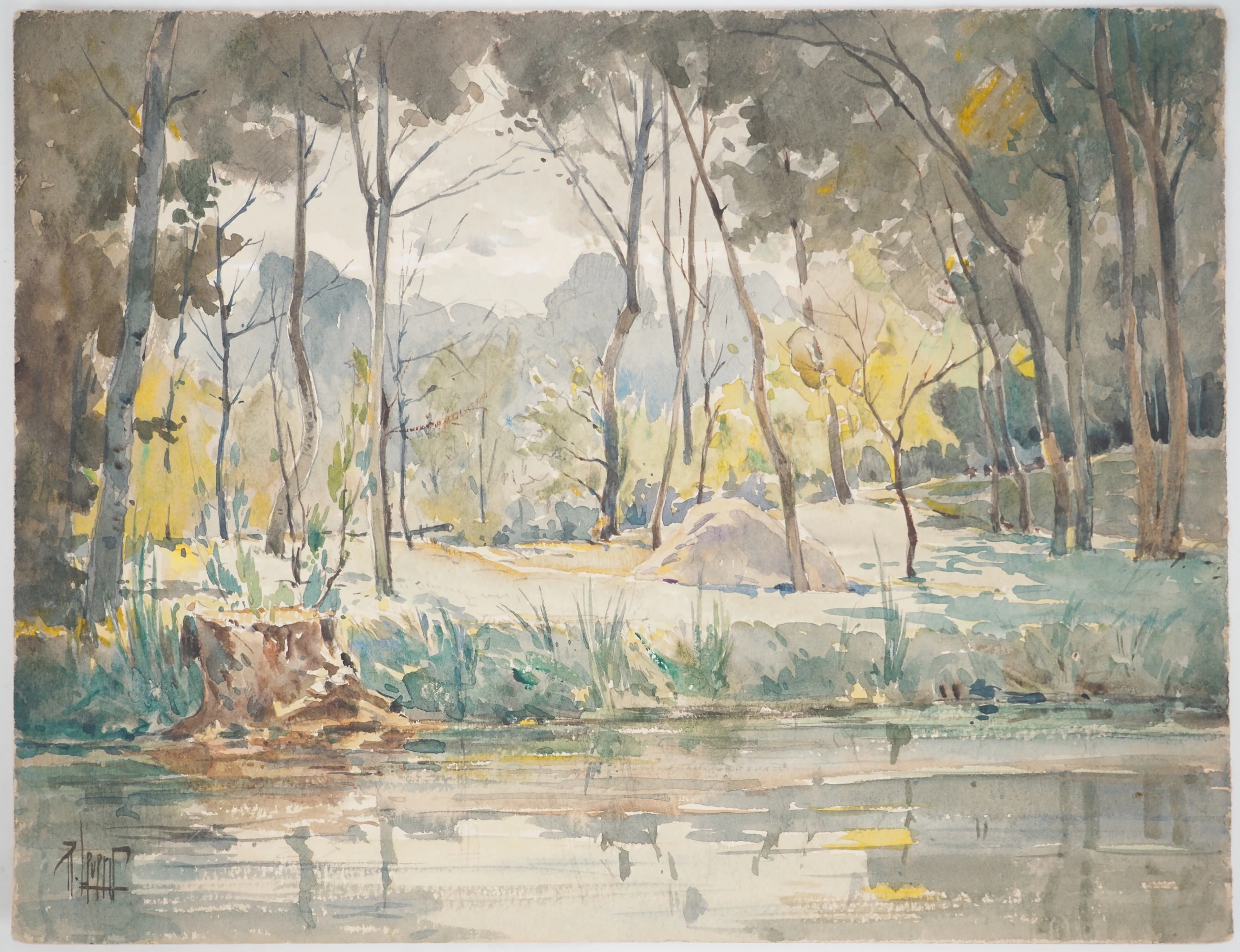 René LEVERD : Les arbres près de l’eau, Aquarelle originale signée