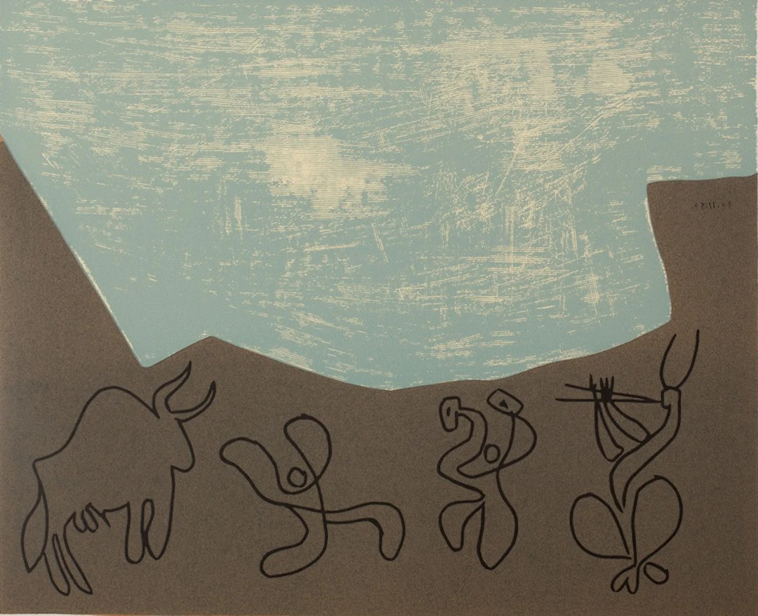 Pablo PICASSO : Bacchanale, Musiciens et Taureau - Linogravure (1962)