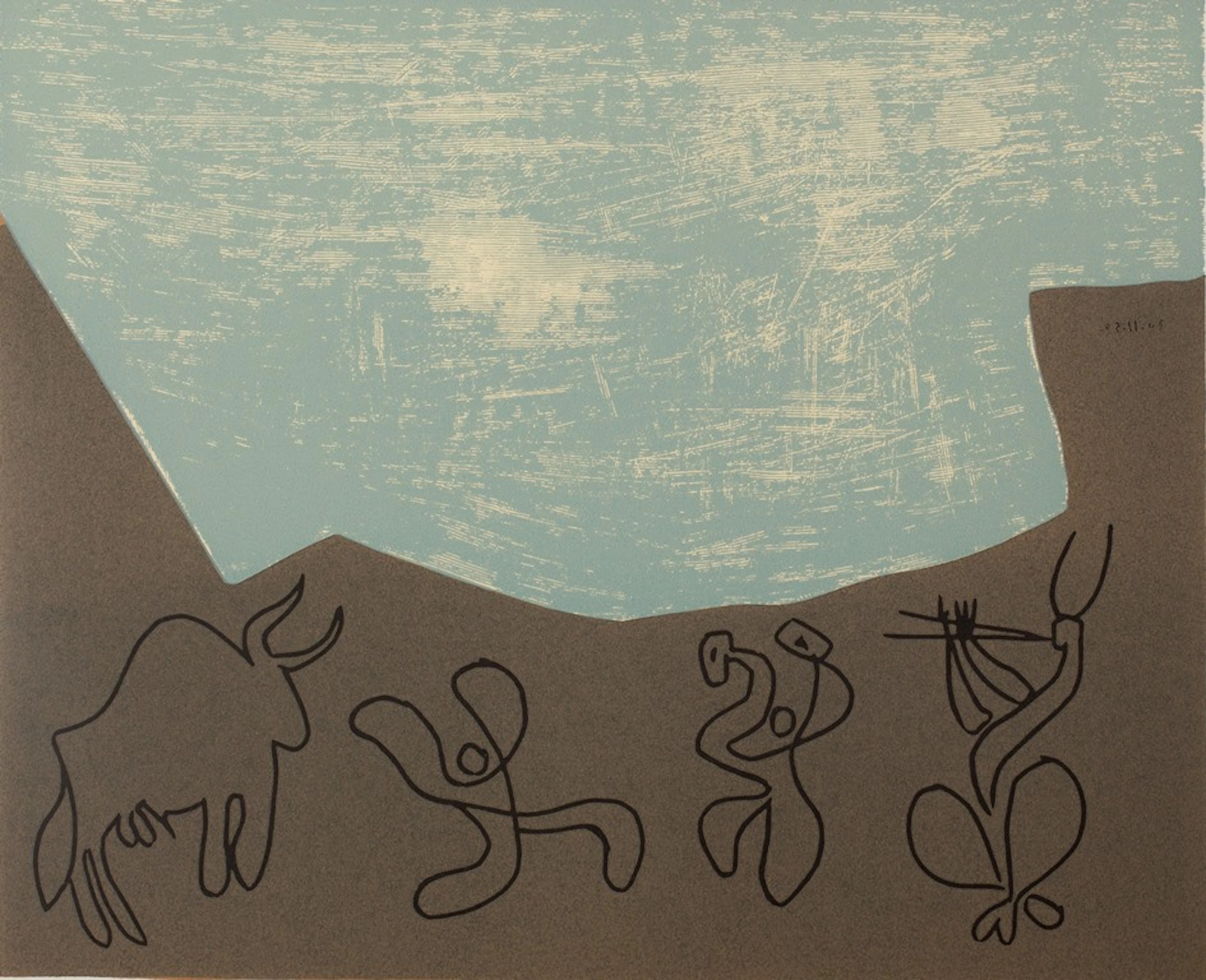 Pablo PICASSO : Bacchanale, Musiciens et Taureau - Linogravure (1962)