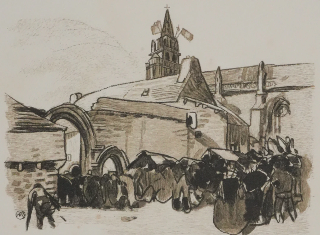 Mathurin MEHEUT : Bretagne, L’entrée dans l’église, Gravure originale signée