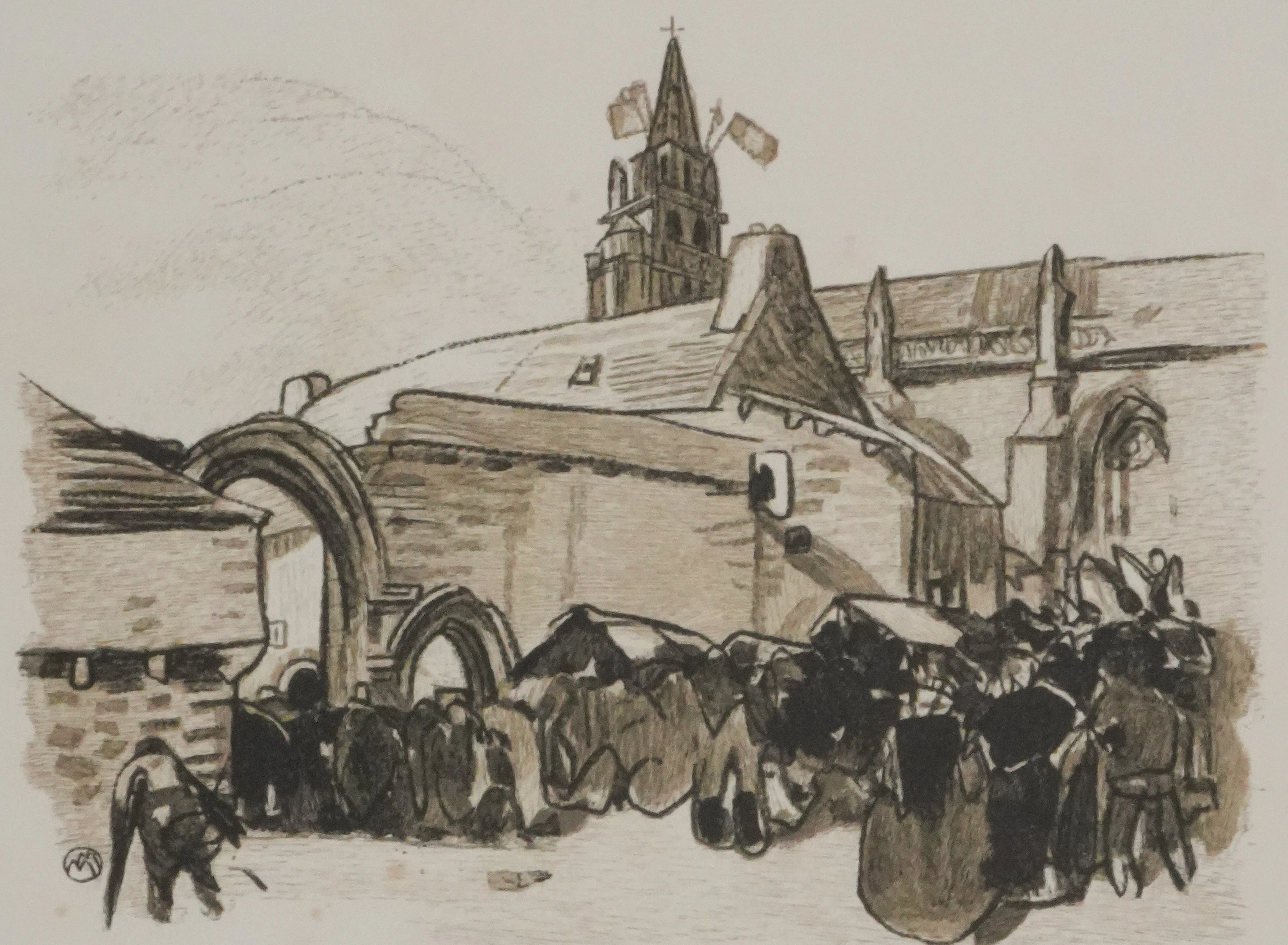 Mathurin MEHEUT : Bretagne, L’entrée dans l’église, Gravure originale signée