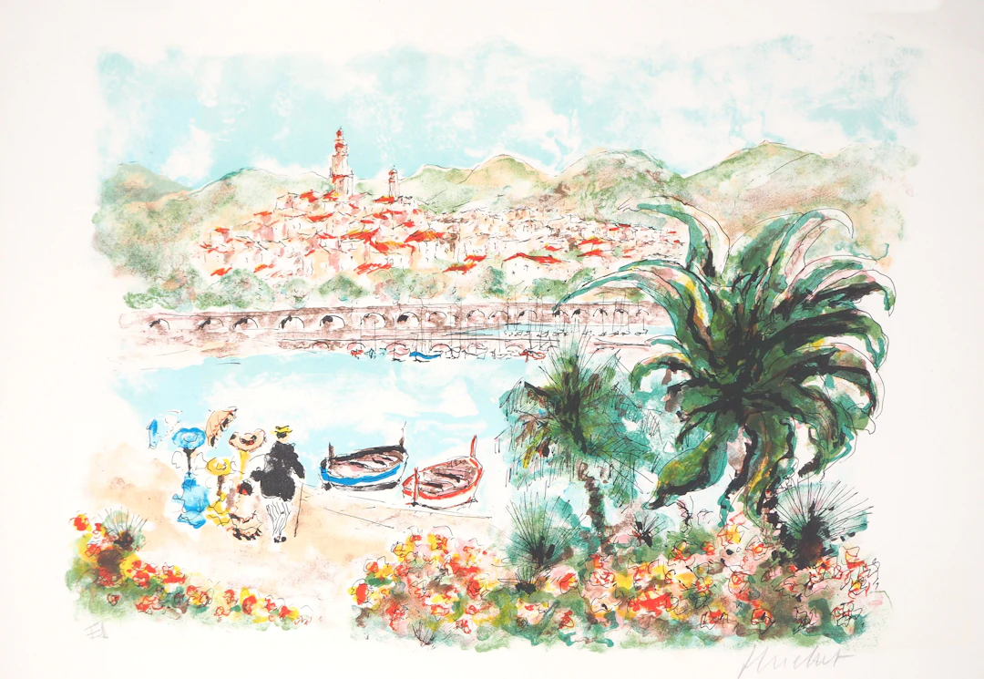 Urbain HUCHET : Provence, Village près de la mer - Lithographie originale