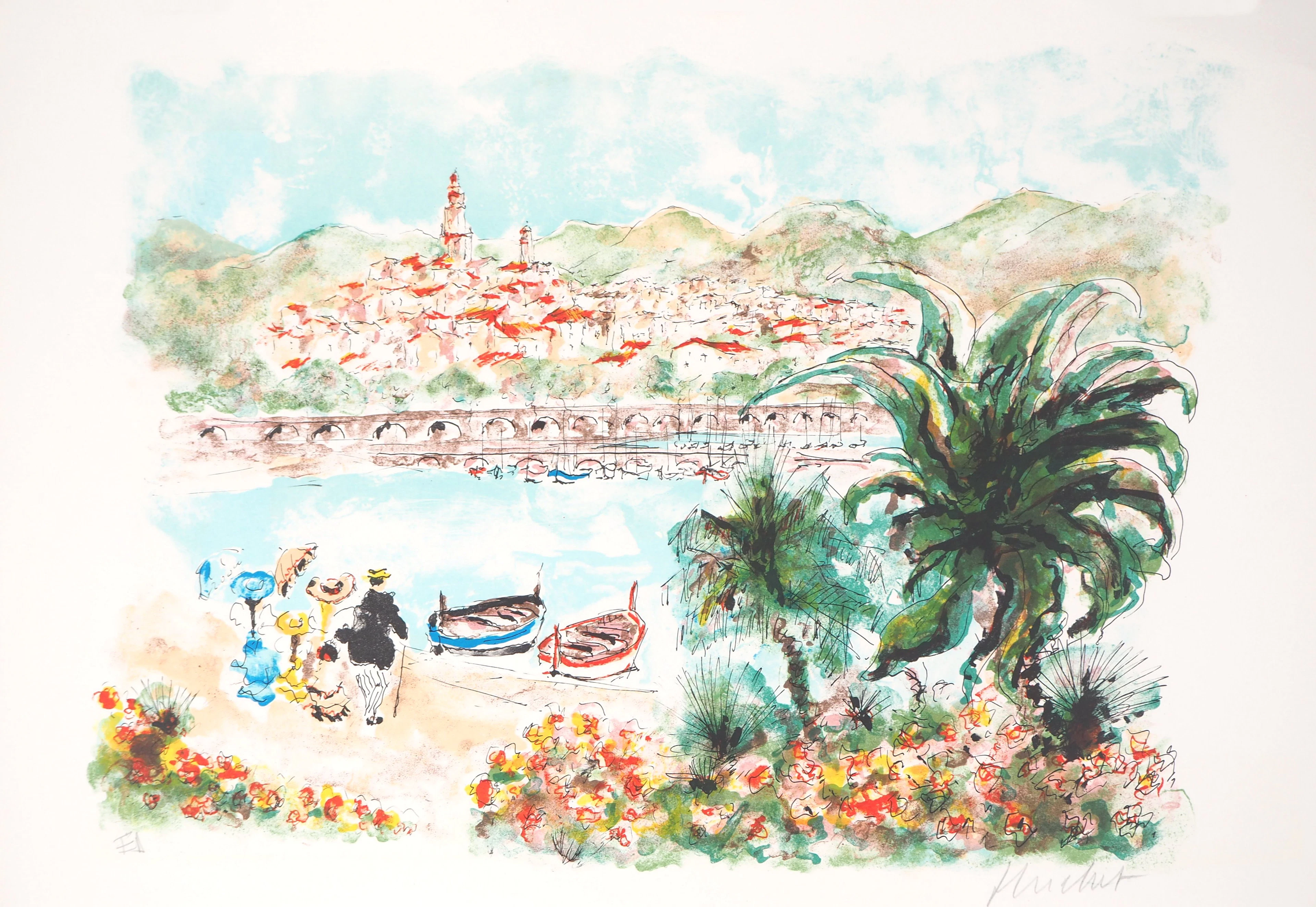 Urbain HUCHET : Provence, Village près de la mer - Lithographie originale