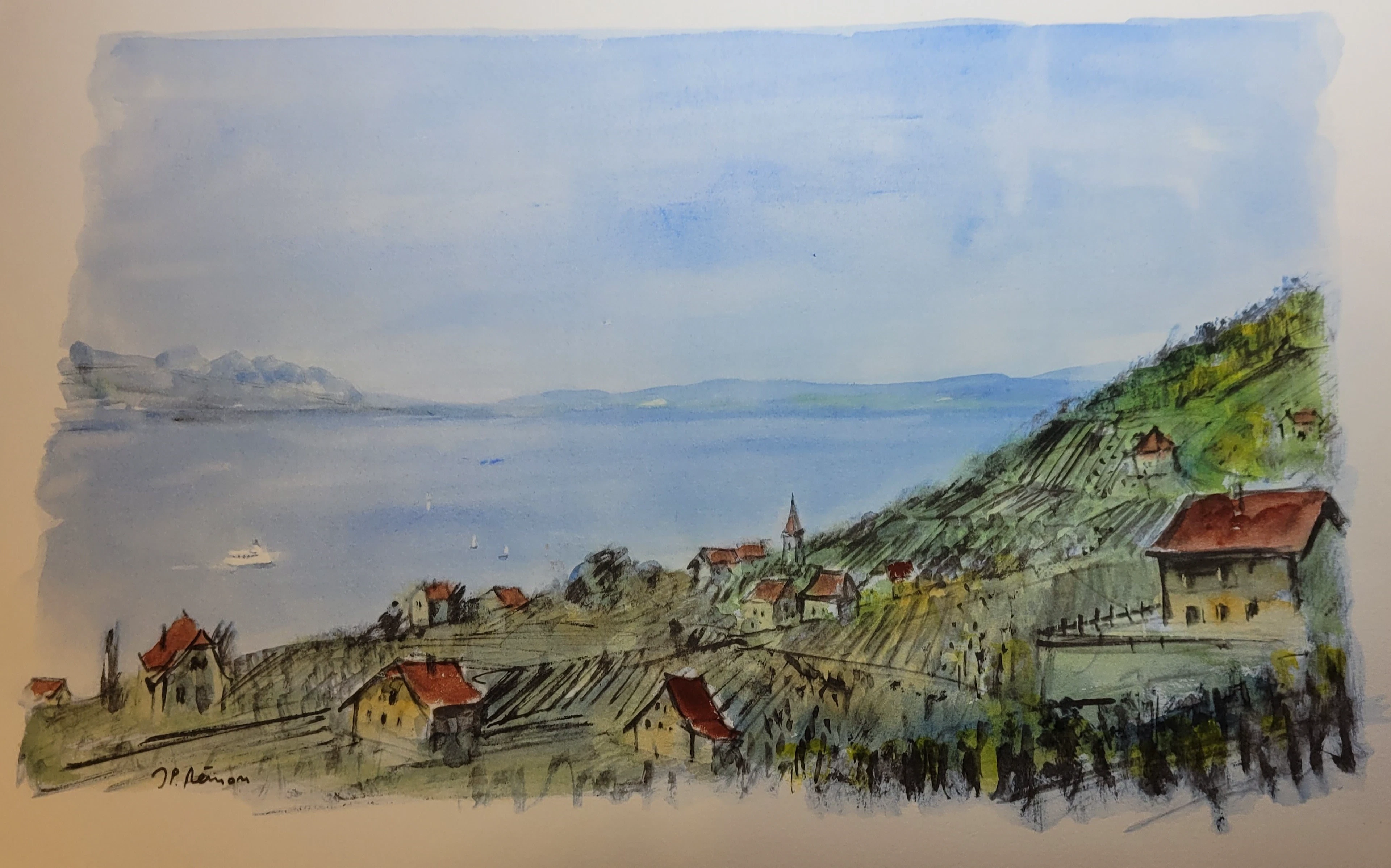 Jean-Pierre RÉMON - Le Vignoble vaudois, 1998 - Aquarelle originale