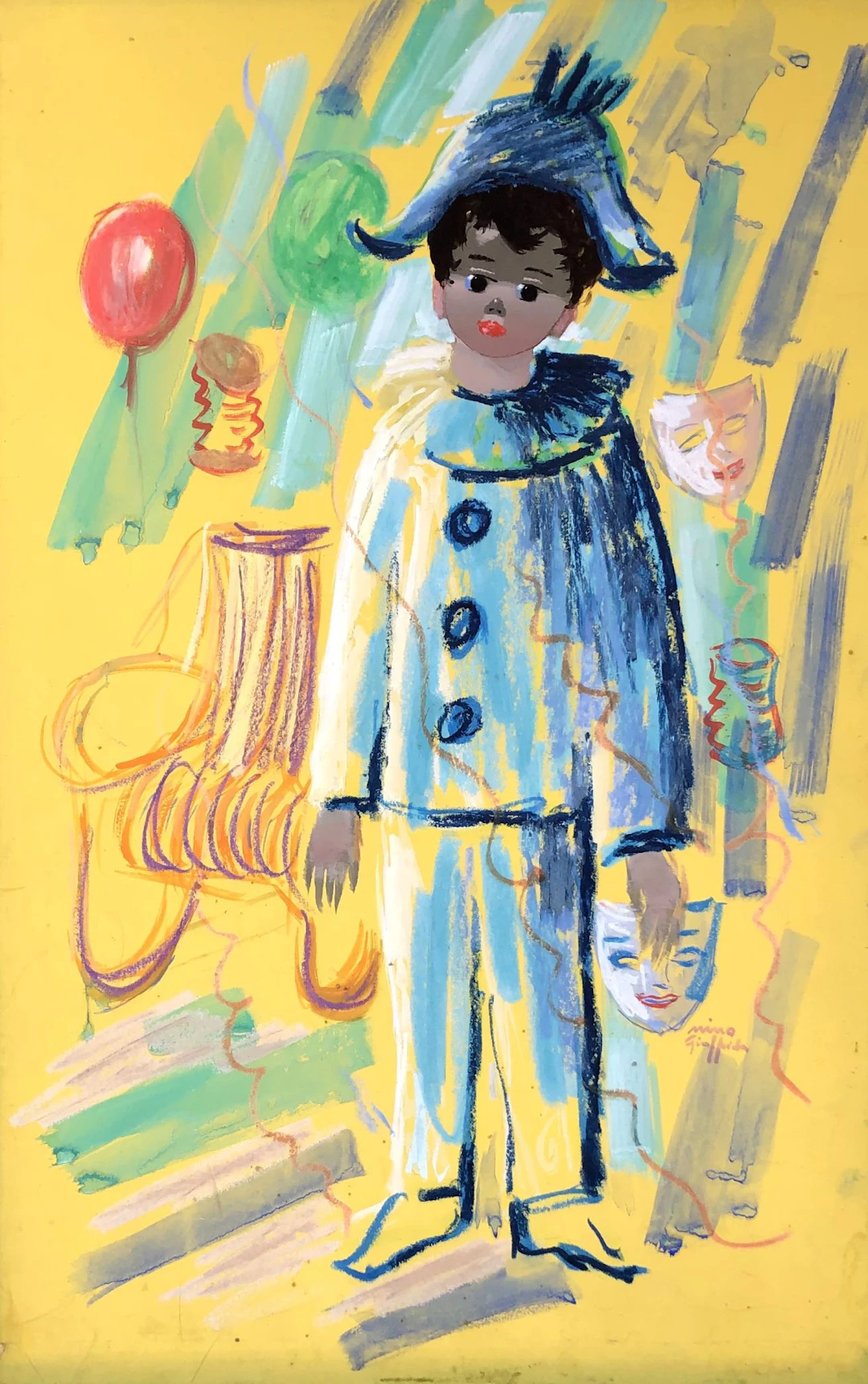 Nino GIUFFRIDA - Arlequin au carnaval - Aquarelle et gouache sur carton