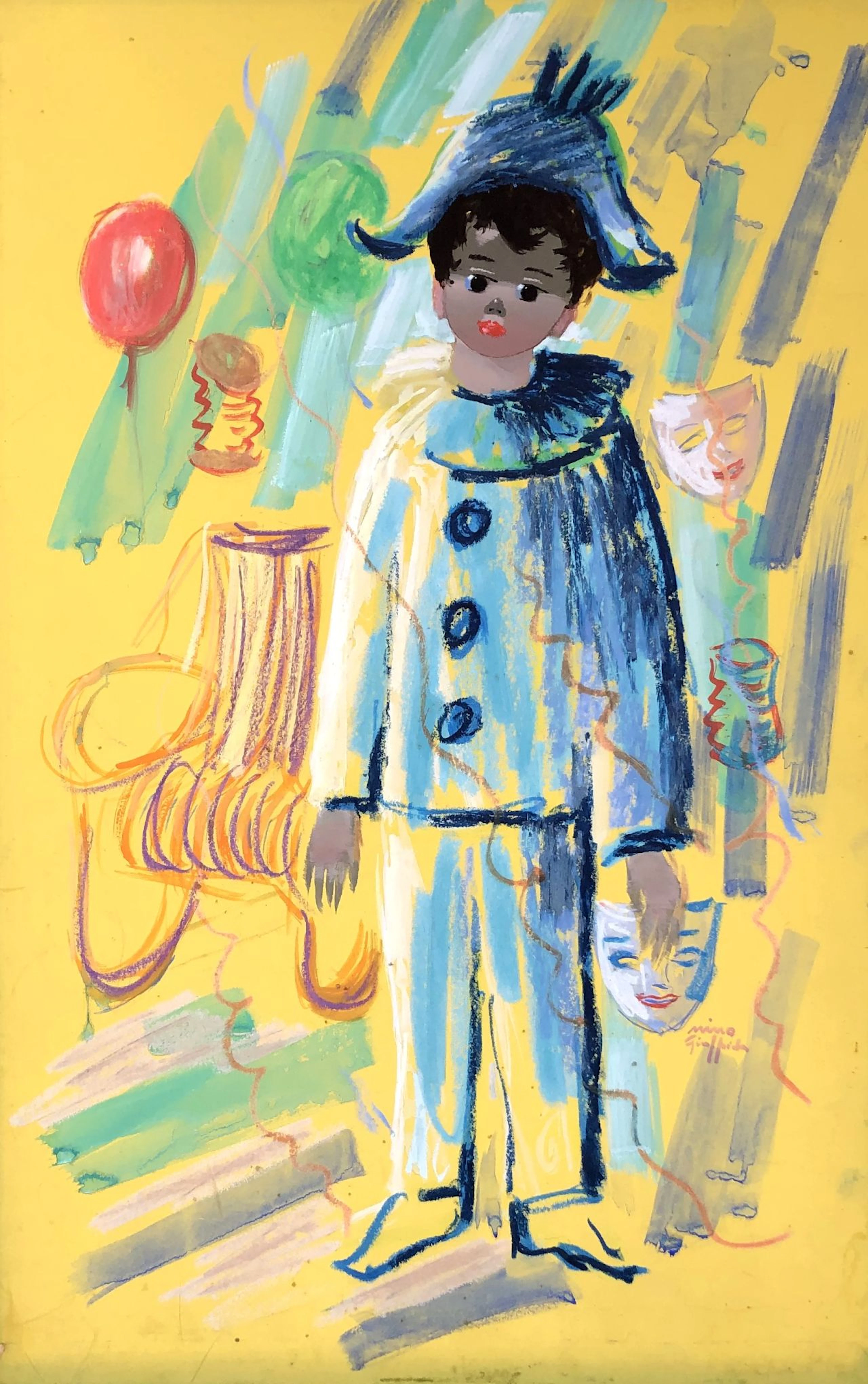 Nino GIUFFRIDA - Arlequin au carnaval - Aquarelle et gouache sur carton