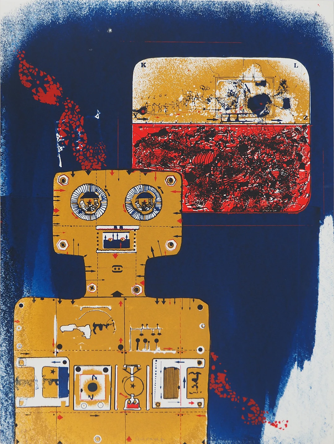 Jean-Pierre VIELFAURE : Robot sur fond bleu, Lithographie originale signée