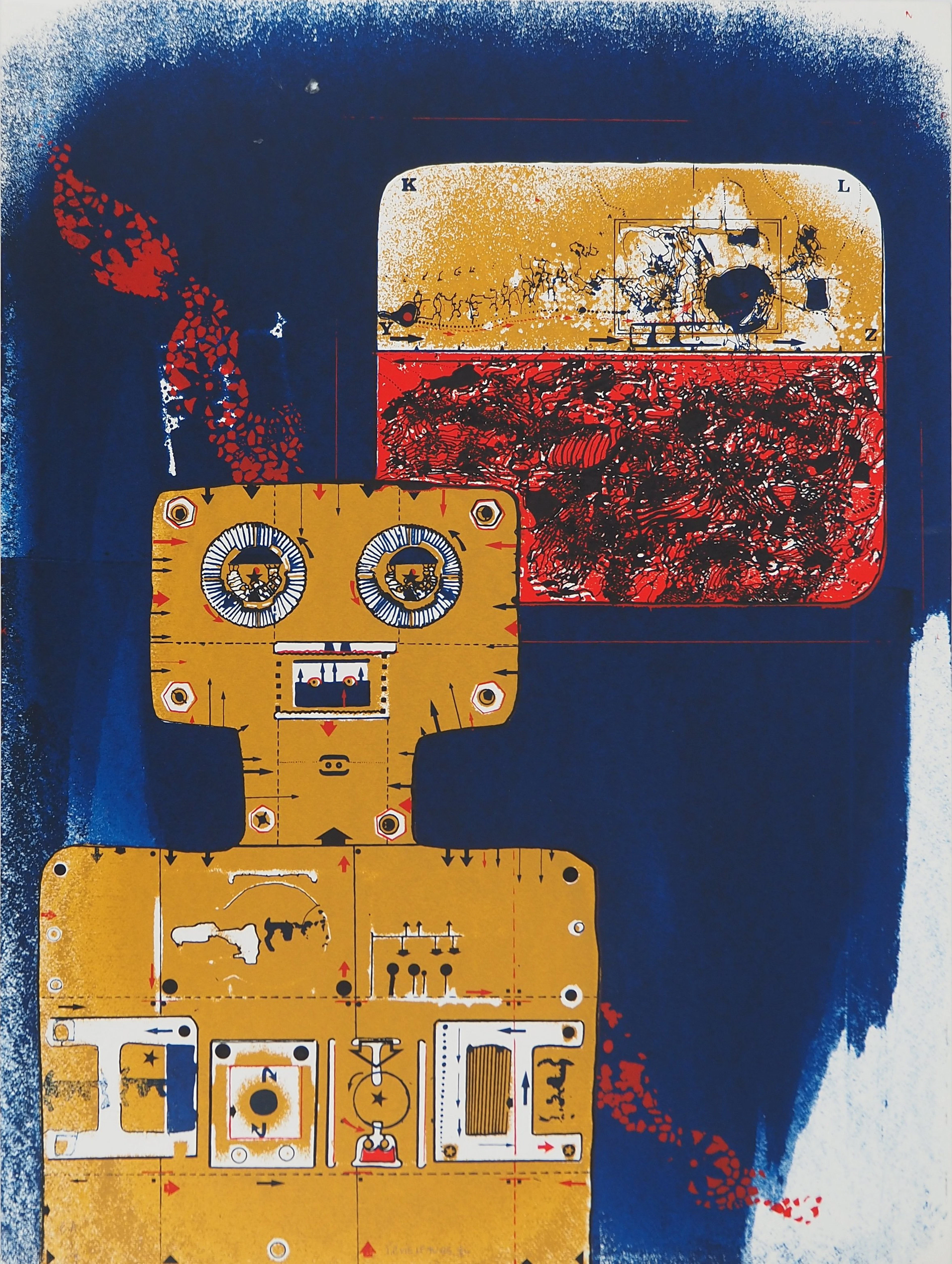 Jean-Pierre VIELFAURE : Robot sur fond bleu, Lithographie originale signée