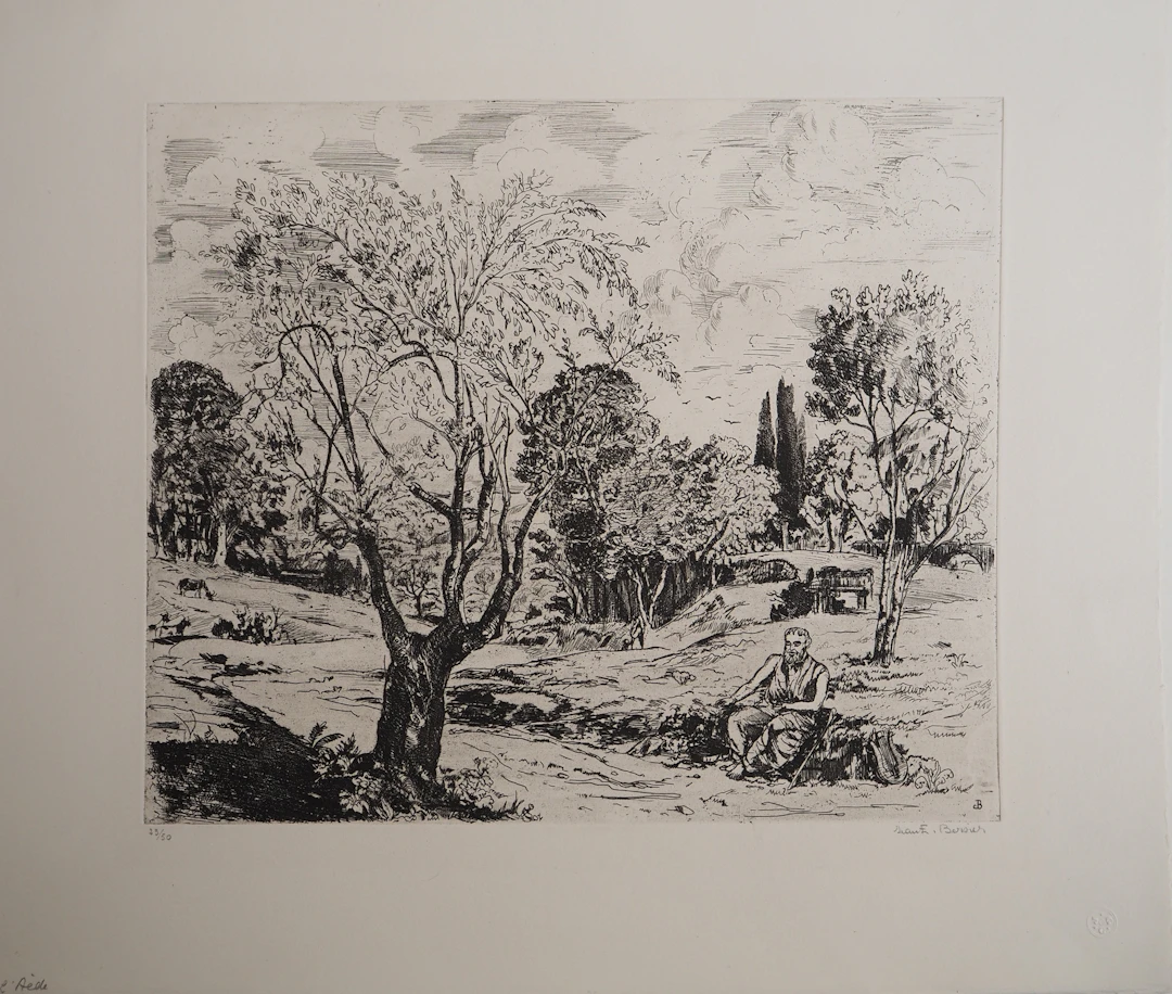 Jean-Eugène BERSIER - L'Aède :poète dans un paysage, vers 1950 - Gravure