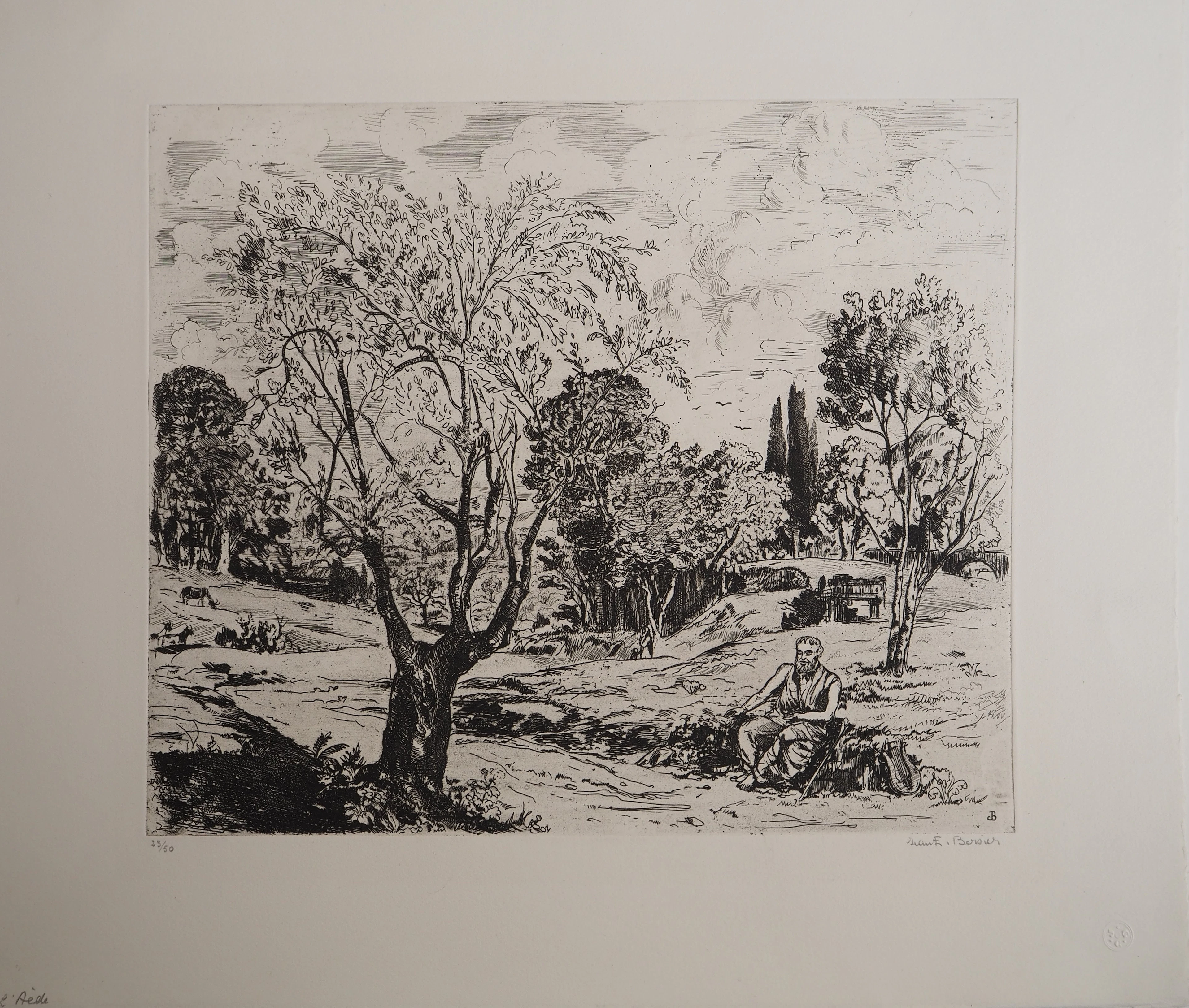Jean-Eugène BERSIER - L'Aède :poète dans un paysage, vers 1950 - Gravure