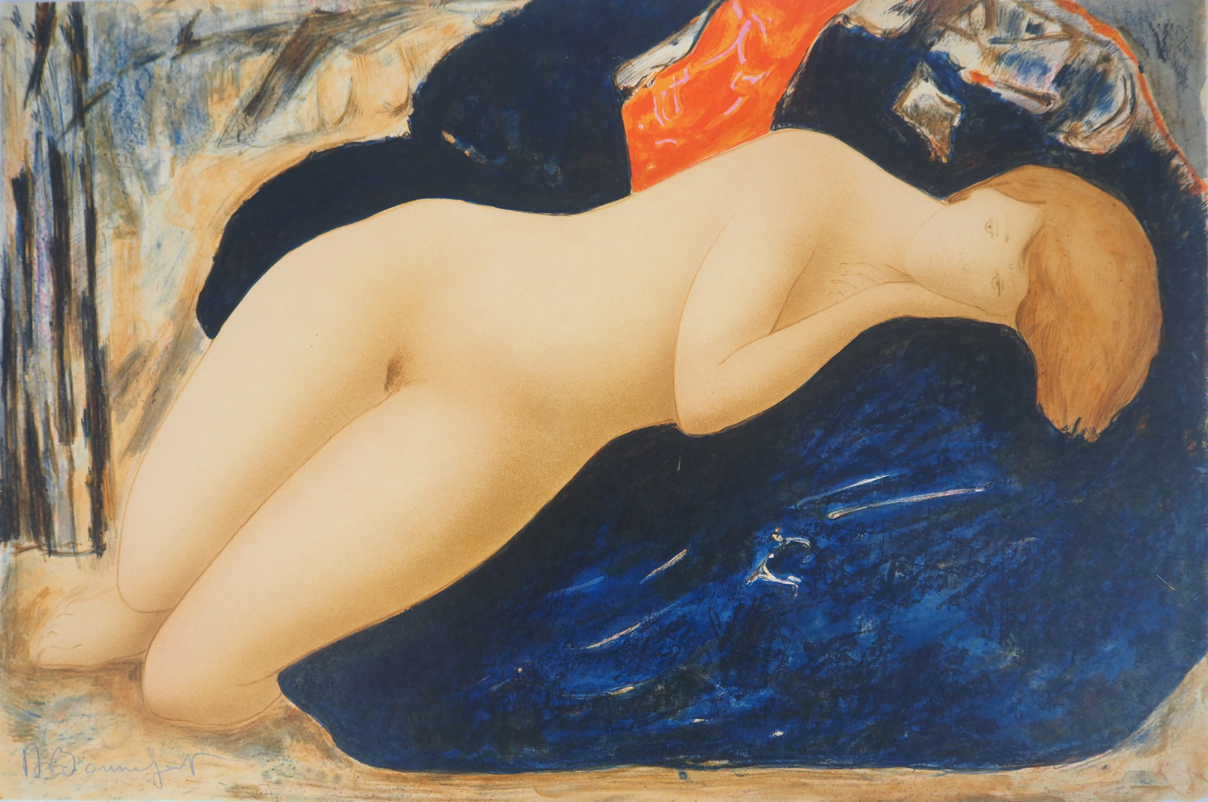 Alain BONNEFOIT : Modèle sur un canapé bleu - Lithographie originale signée