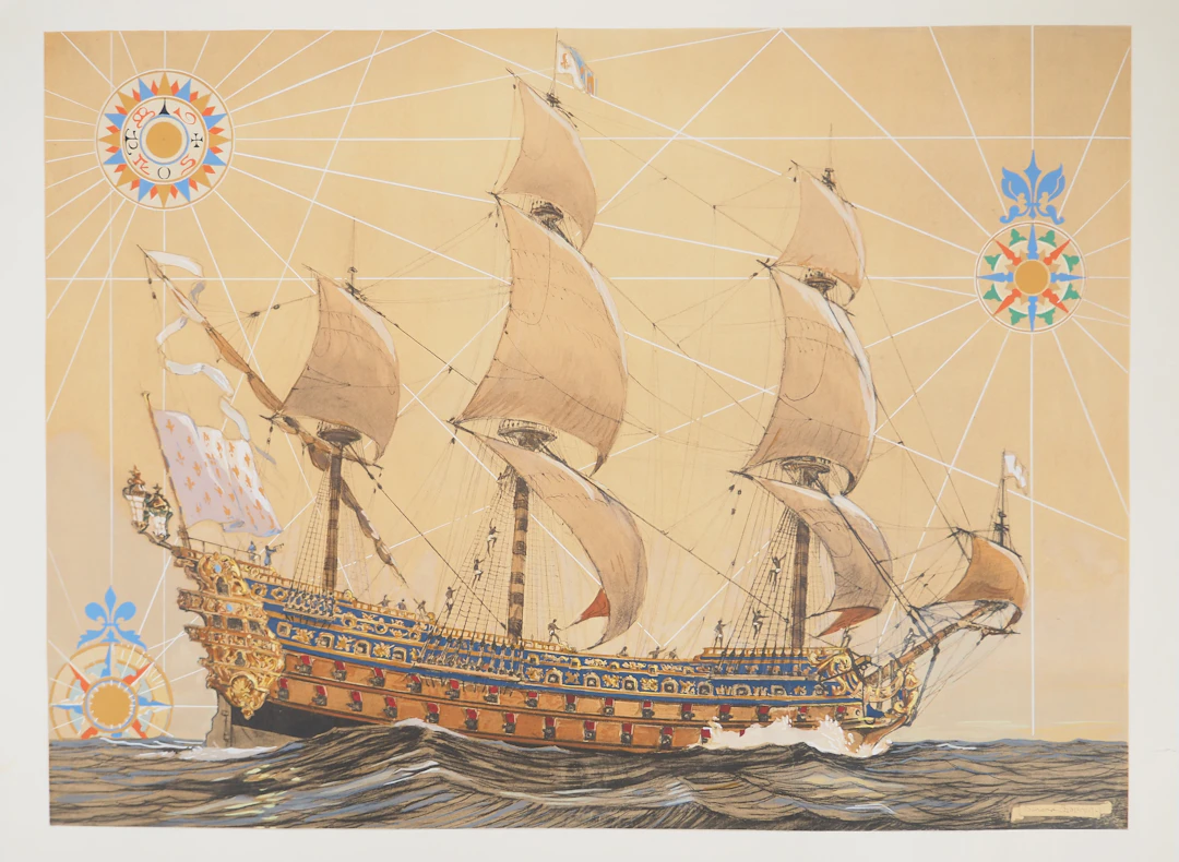 Durand CHAPRON : La Caravelle et les points cardinaux, Lithographie