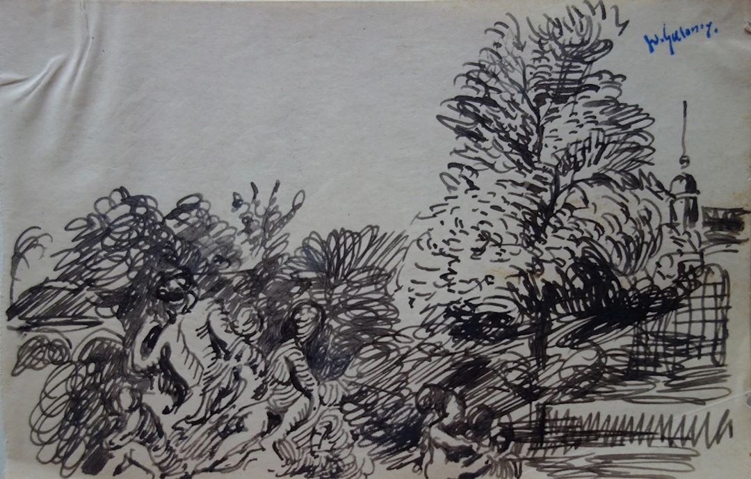 Demetrios GALANIS : Repos à l’écart du village - Dessin original signé