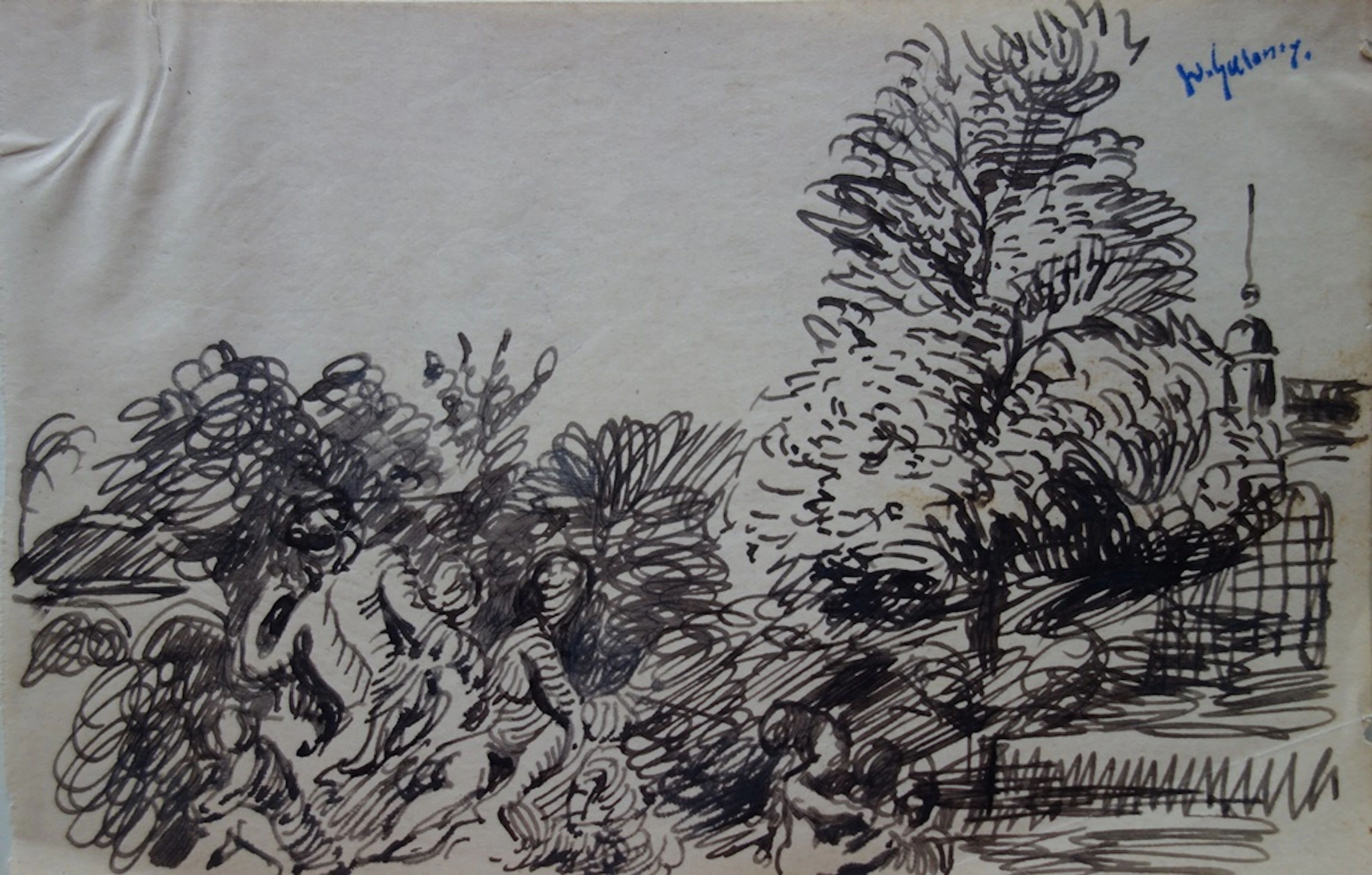 Demetrios GALANIS : Repos à l’écart du village - Dessin original signé