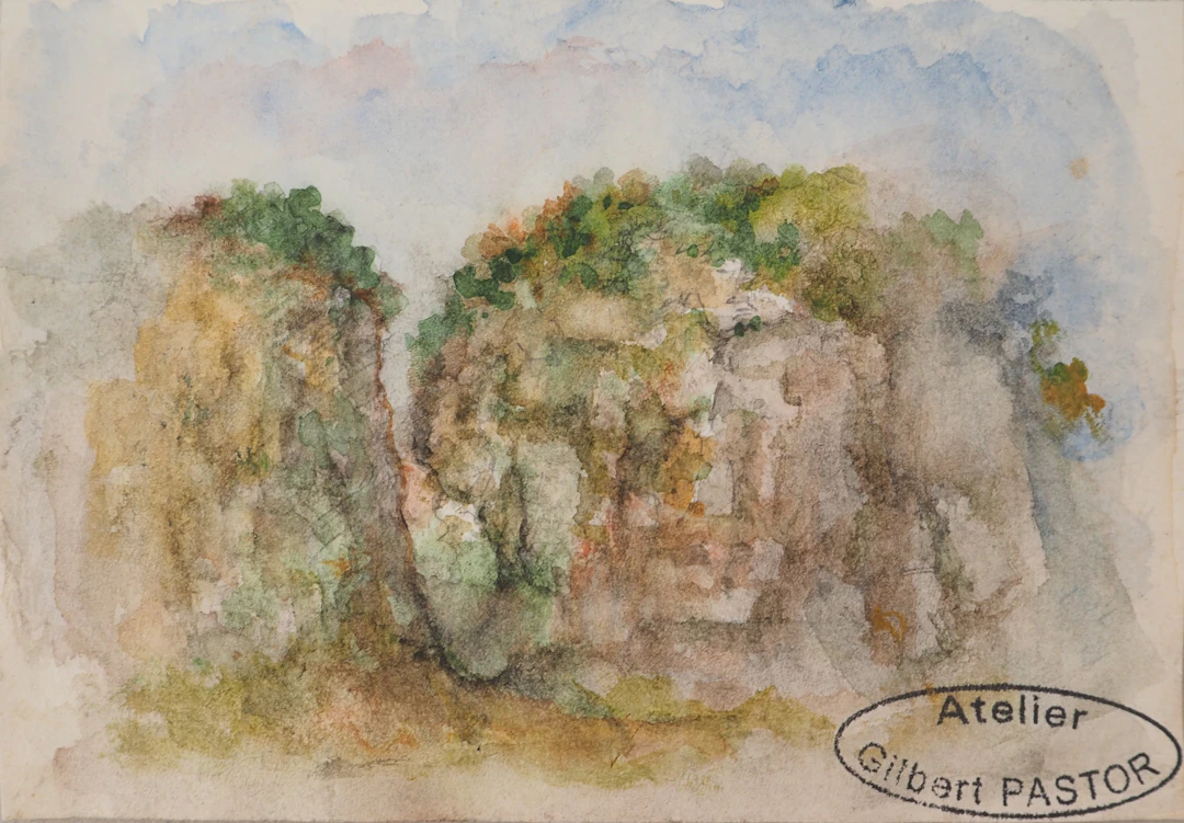 Gilbert PASTOR : Brèche dissimulée par des plantes, Aquarelle originale signée