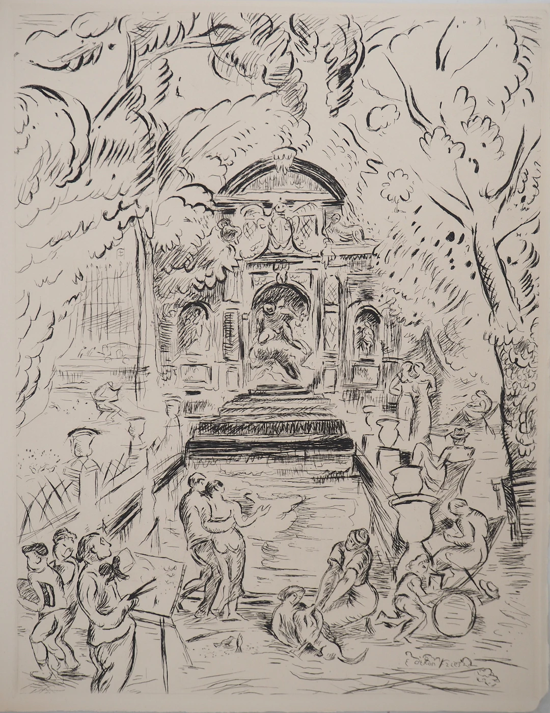 Emile OTHON FRIESZ : Fontaine Médicis au Luxembourg, Gravure originale signée